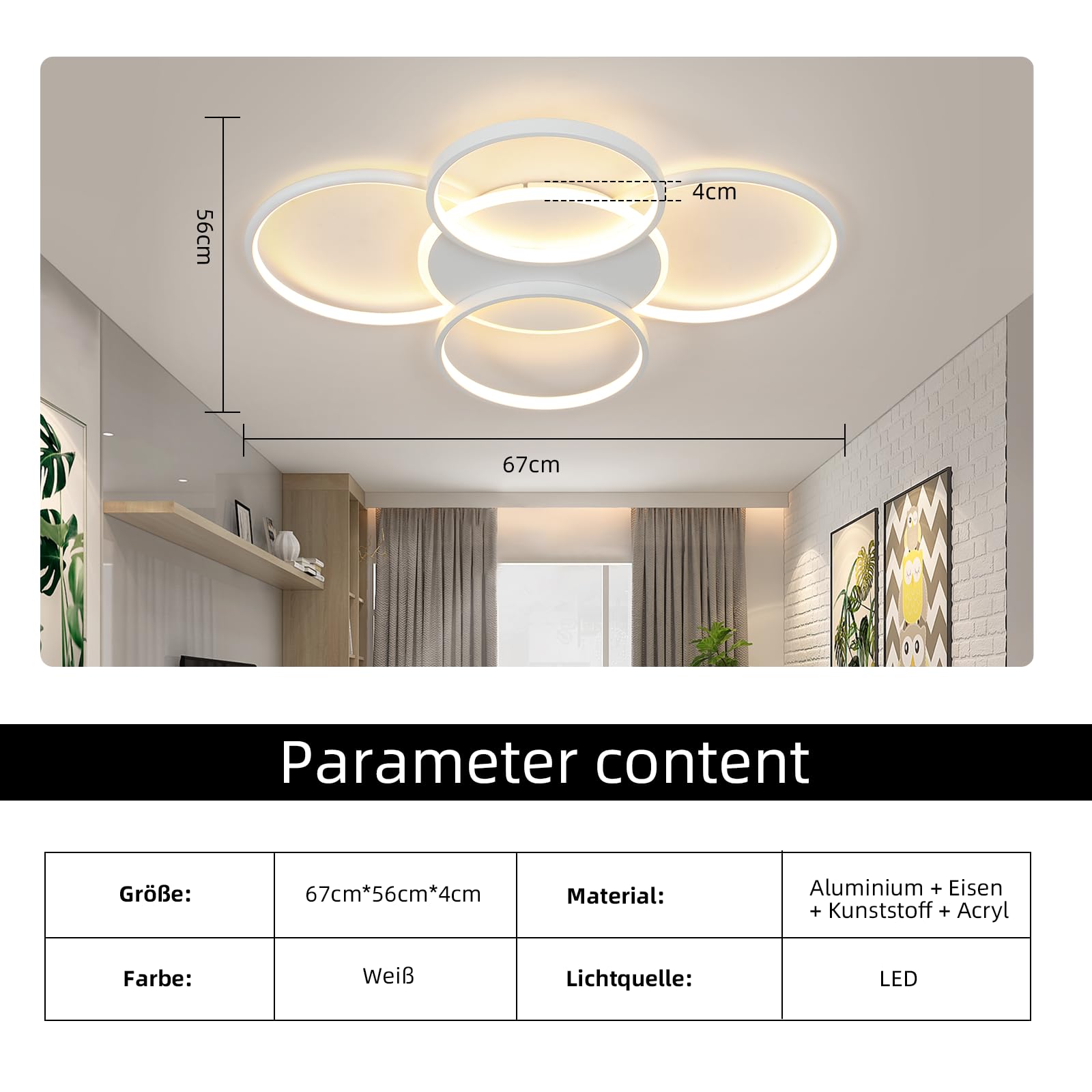 GBLY Deckenlampe LED Deckenleuchte Wohnzimmer: Wohnzimmerlampe Dimmbar 70W | mit Fernbedienung 5-Ringen Weiß Schlafzimmerlampe Modern Acryl Deckenbeleuchtung für Büro Schlafzimmer Esszimmer