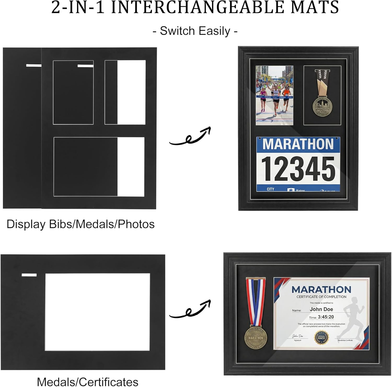 18"x13" Medal Display Case - 3-in-1 Mat Design for Race Bib and Medal Display, 5x7 Photo & Certificate, Marathon Medal Display Frame, Wall-Mounted Black Wood Frame with Real Glass