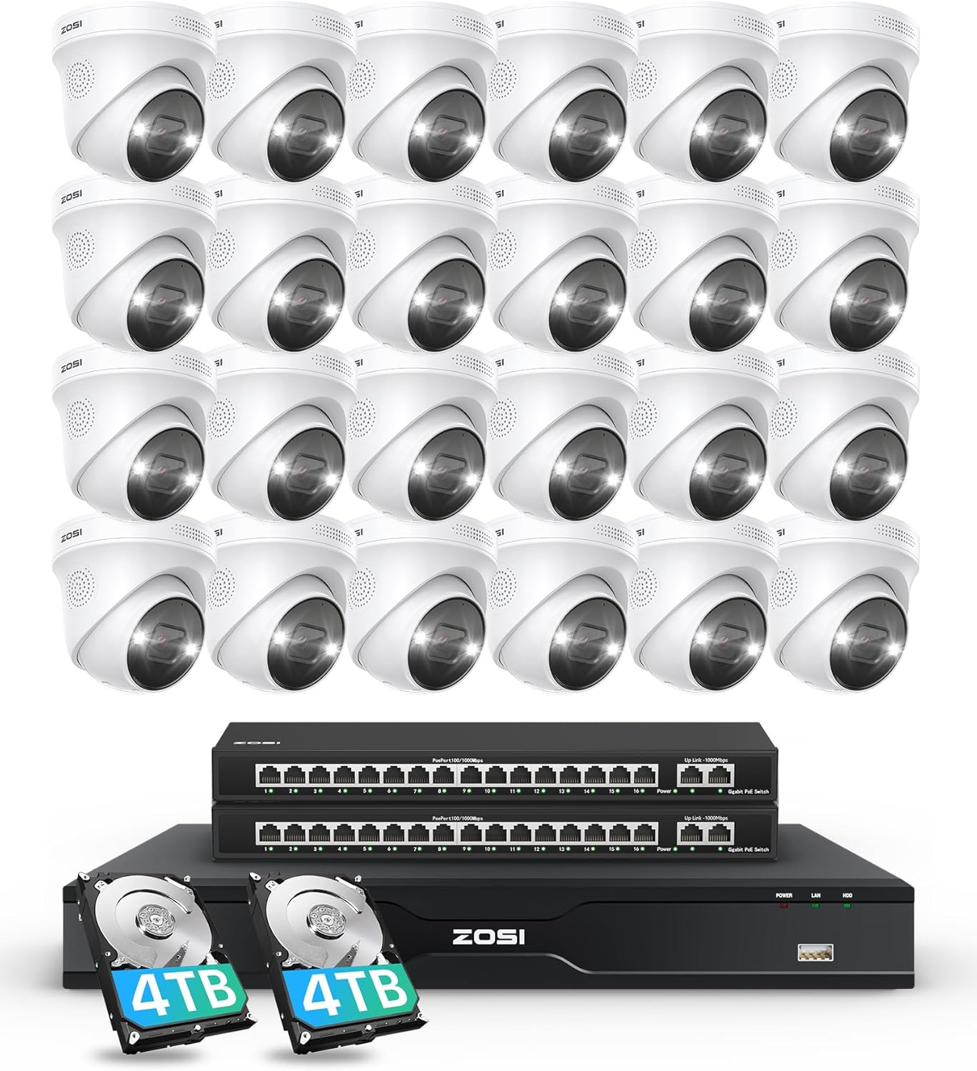ZOSI 32 Channel 4K PoE Security Camera System, 24 x 8MP Spotlight Outdoor Indoor Surveillance Cameras, Face Person Vehicle Detection, 2 Way Audio, 32CH 4K NVR with 8TB HDD for Business 24/7 Recording