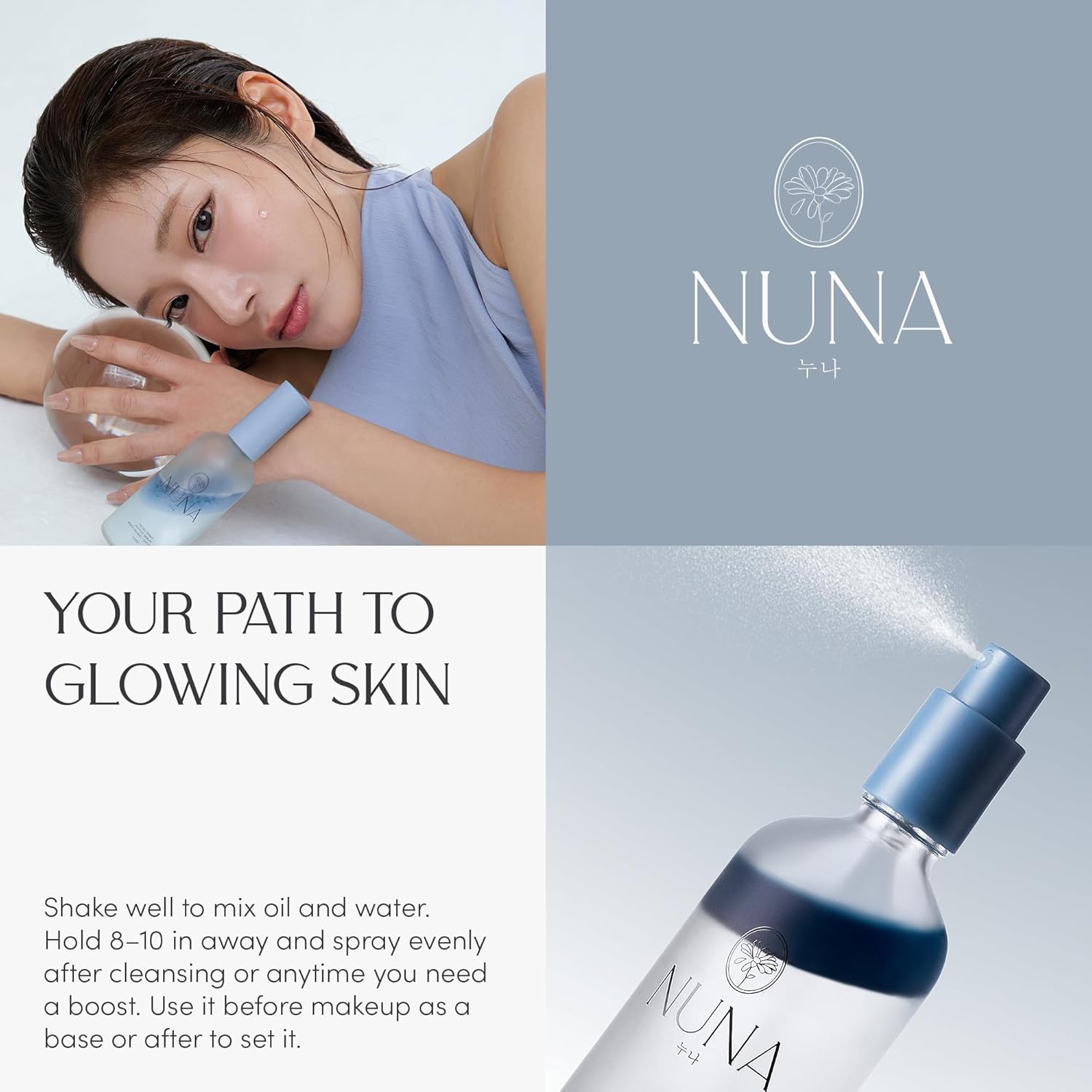 NUNA Ultra Hydrating Face Serum Spray with Peptides, Niacinamide, Hyaluronic Acid & Botanical Extracts – Korean Lightweight Moisture Boost Facial Mist & Setting Spray for Makeup – 3.38 fl oz - Image 3