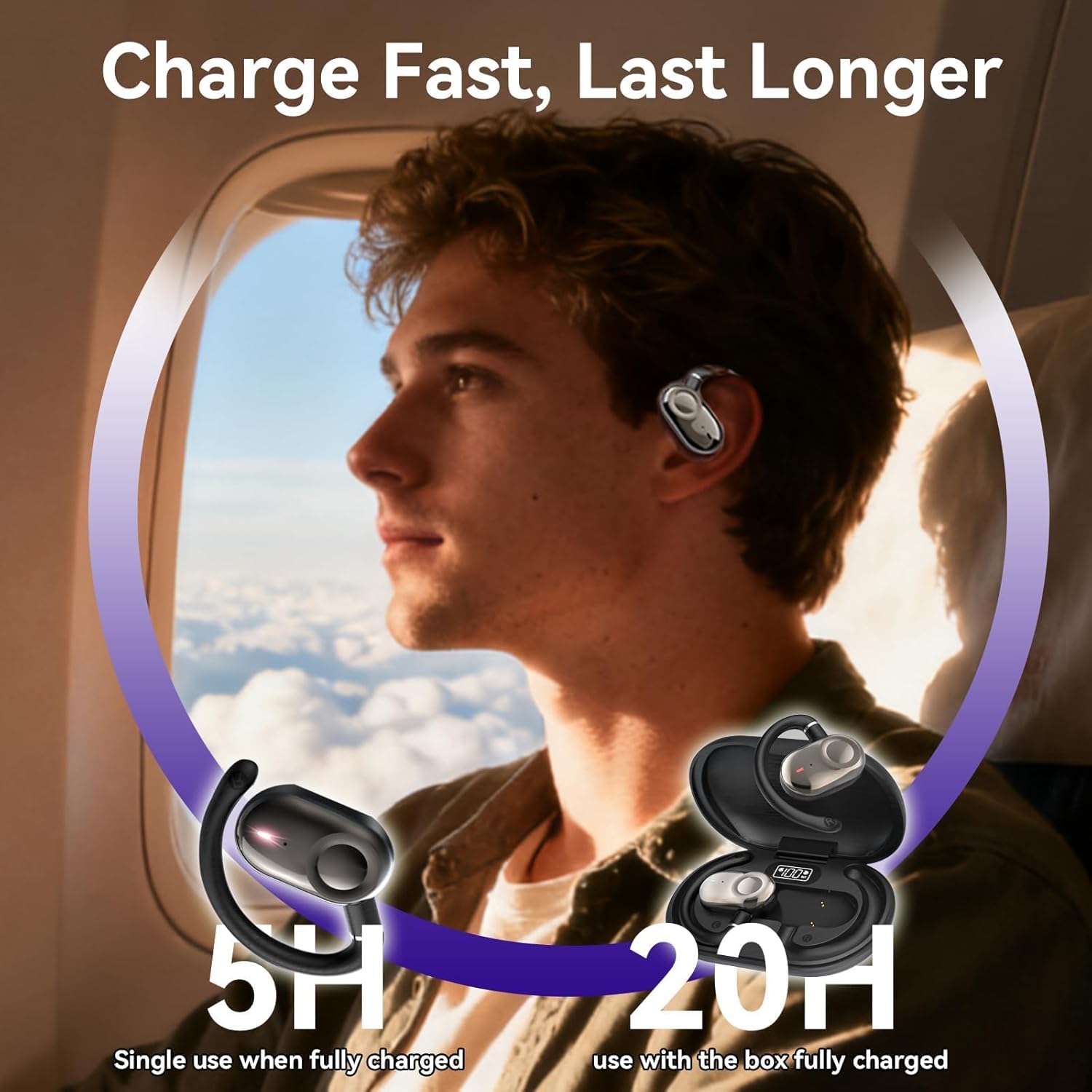 Purple Over Open Ear Earbuds Headphones Bluetooth Wireless Outside Out of Ear Buds Hook for Runners Wrap Around Ears Air Bone Conduction Headsets Workout Sports Eabuds Earphones with Earhooks - Image 7