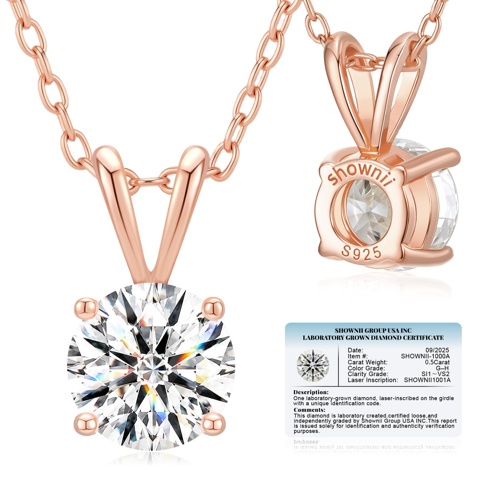 shownii 0.5CT LAB GROWN Round Diamond Necklace for Women