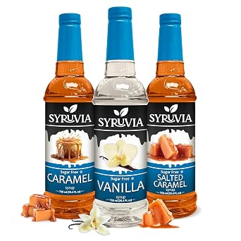 Syruvia Sugar Free Vanilla, Caramel & Salted Caramel Syrup - 25.4 fl oz. Premium Coffee Flavoring Syrup. 0 Calories, Kosher & Gluten-Free. Ideal for Drinks, Sodas, Shakes, Desserts & More.