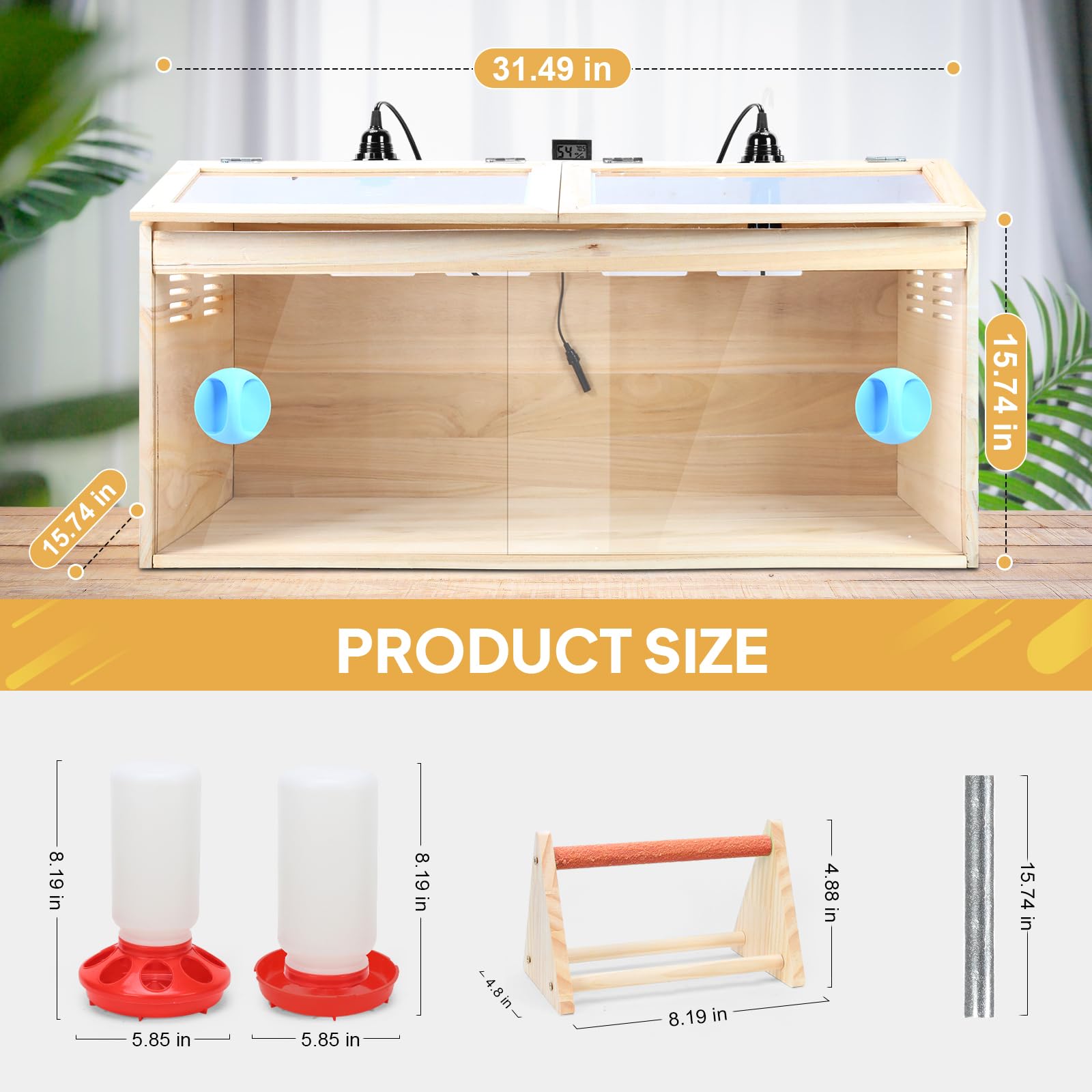 Caja grande de madera para pollitos, kit de iniciación de pollitos, criadora de aves de corral con termómetro y dos lámparas de calor