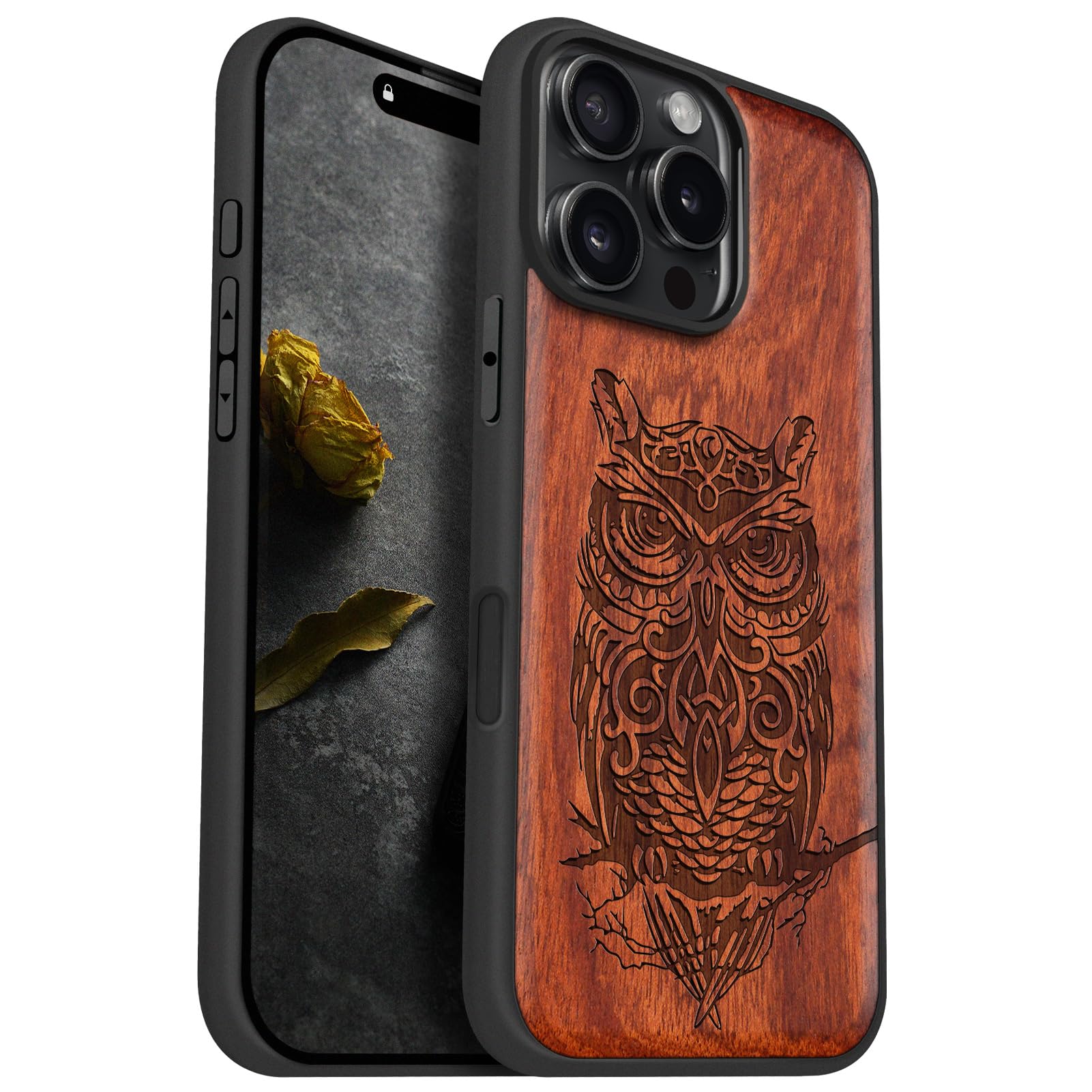 Carveit Magnetic Wooden Case for iPhone 16 Pro Max Case, Wood Artisan Engraved & Black Soft TPU Shockproof Cover, Compatible with MagSafe Wireless