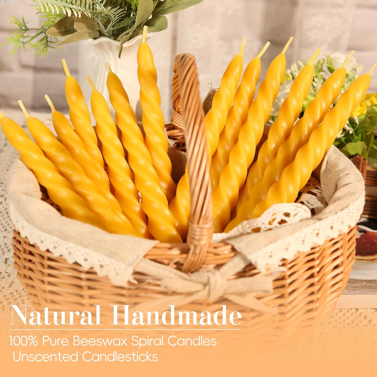 16 Pack Beeswax Taper Candles 7 inch Spiral Beeswax Candles 7 Hours Burning Natural Pure Bees Wax Candlesticks Unscented Smokeless Yellow Bees Wax Candles for Home Prayer