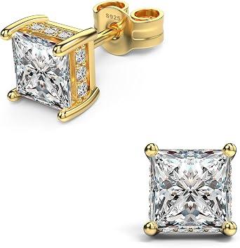18K White Gold Plated Sterling Silver Princess Cut Cubic Zirconia Stud Earrings Square CZ Diamond Stud Earrings for Women Men Hypoallergenic Gold 5mm, Yellow Gold Cubic Zirconia, Cubic Zirconia