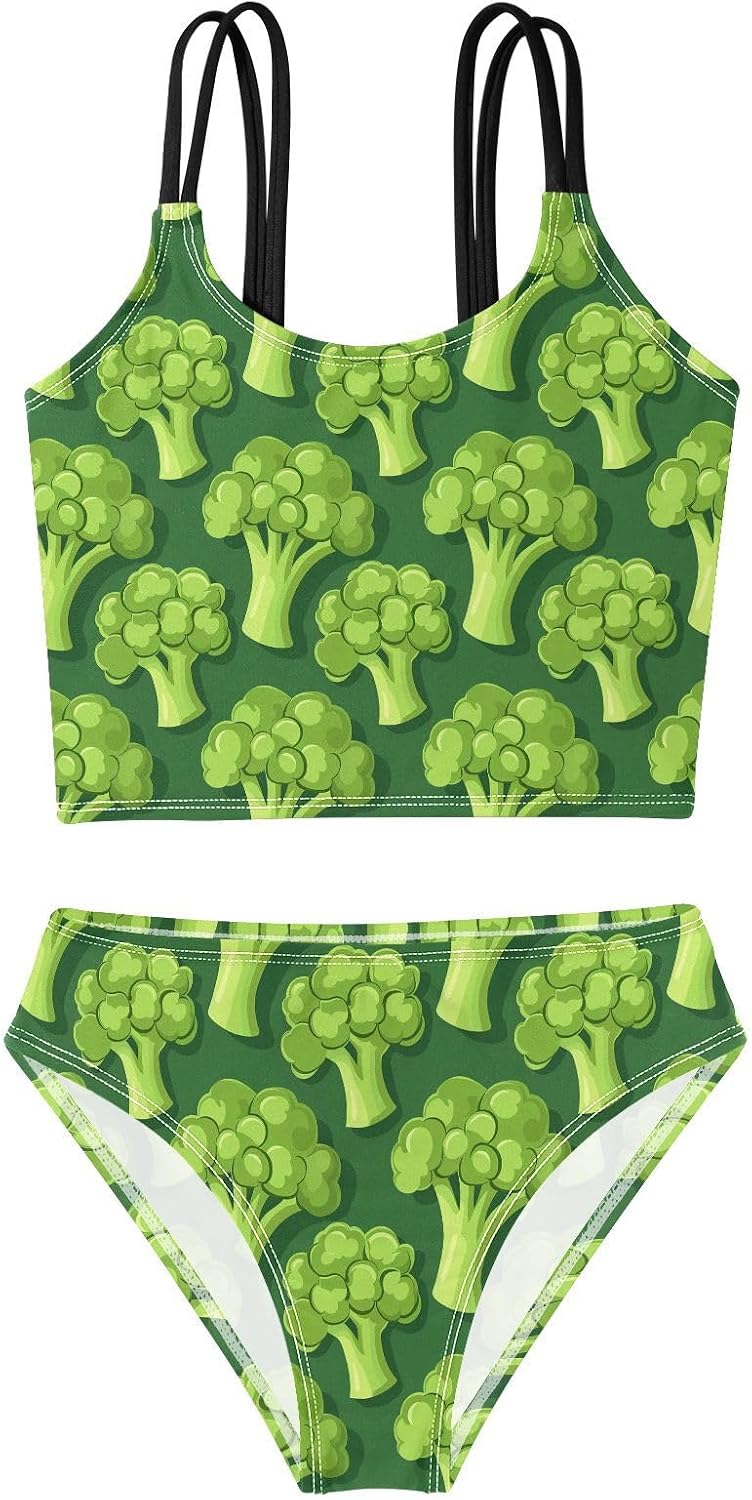 visesunny Girls Two Piece Swimsuits Green Broccoli Girl's Bikini Sets Bathing Suits for Girls Size 5-12Y