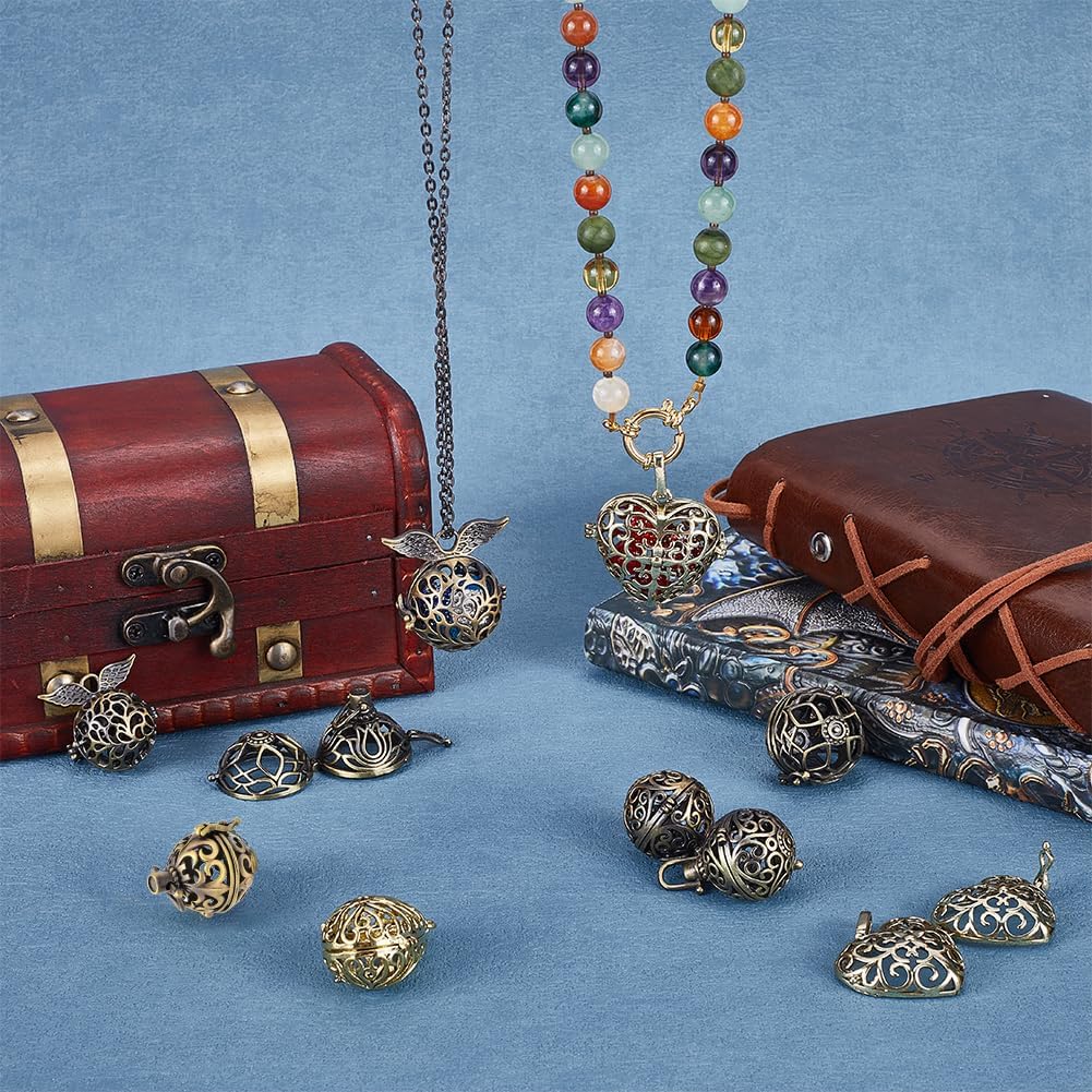 SUNNYCLUE 10Pcs Cage Charms Chakra Healing Stone Necklace Holder Bead Cage Pendant Filigree Cage Locket Charms Brass Cage Charm Vintage Openable Heart Chime Ball Charms for Jewelry Making Charms