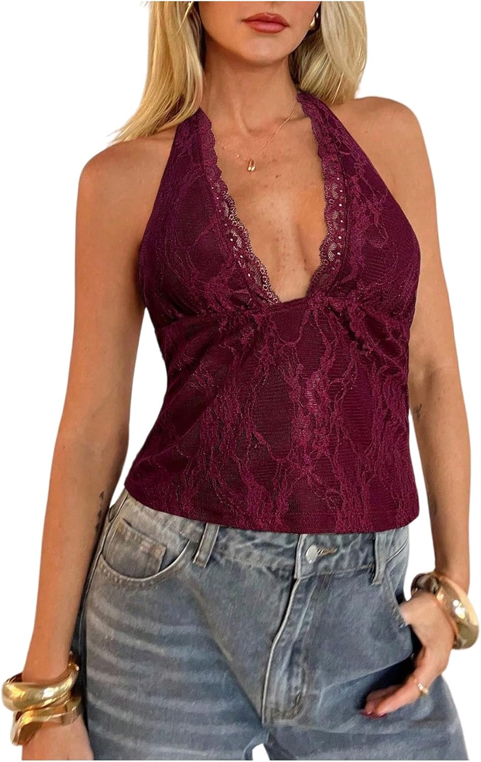 BEAUDRM Women's Lace Going Out Tops Sexy Polka Dots Elegant Halter Tops Y2k Tie Backless Sleeveless Fitted Party Club Outfits