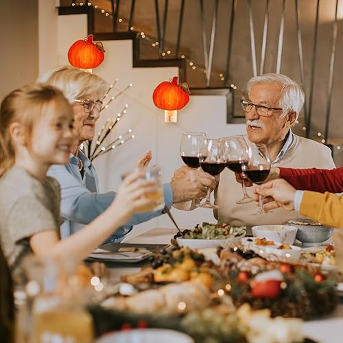 Miniatura 7 de 2 piezas de luz nocturna de calabaza de vidrieras enchufables a la pared, calabaza naranja brillante decoración de temporada para el hogar,