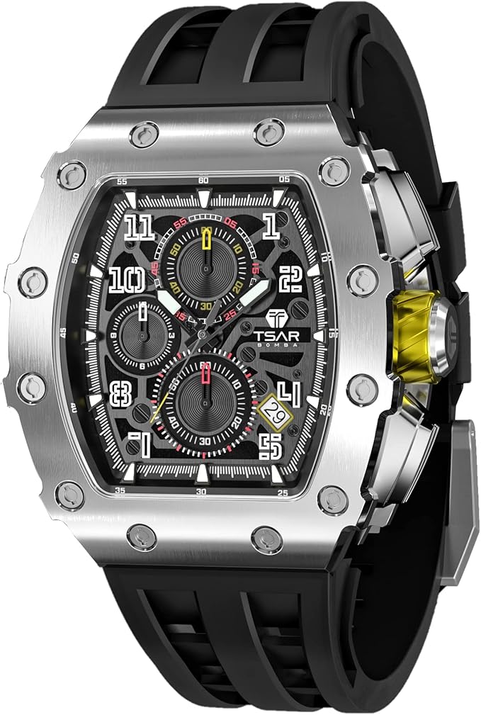 Amazon Tsar Bomba 高級メンズ腕時計 スクエア アナログ 50m 防水 トノー クロノグラフ レプリカ ユニーク クール スポーツウォッチ メンズ プレミアム メンズ シルバー腕時計 クォーツ スタイリッシュデザイン シリコンストラップ付き シルバー イエロー 1 Case