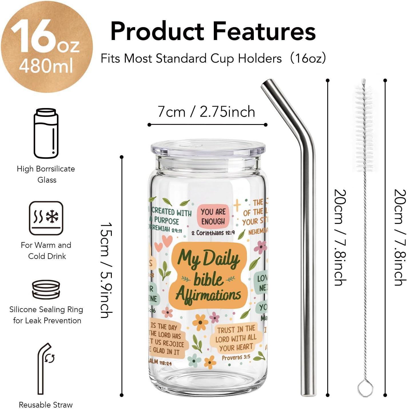 Fall My Daily Bible Affirmations Christian Gifts for Women - 16 oz Glass Cups with Lids and Straws, Inspirational Iced Coffee Cup Tumbler for Home Office, Birthday Gifts for Christian Friends