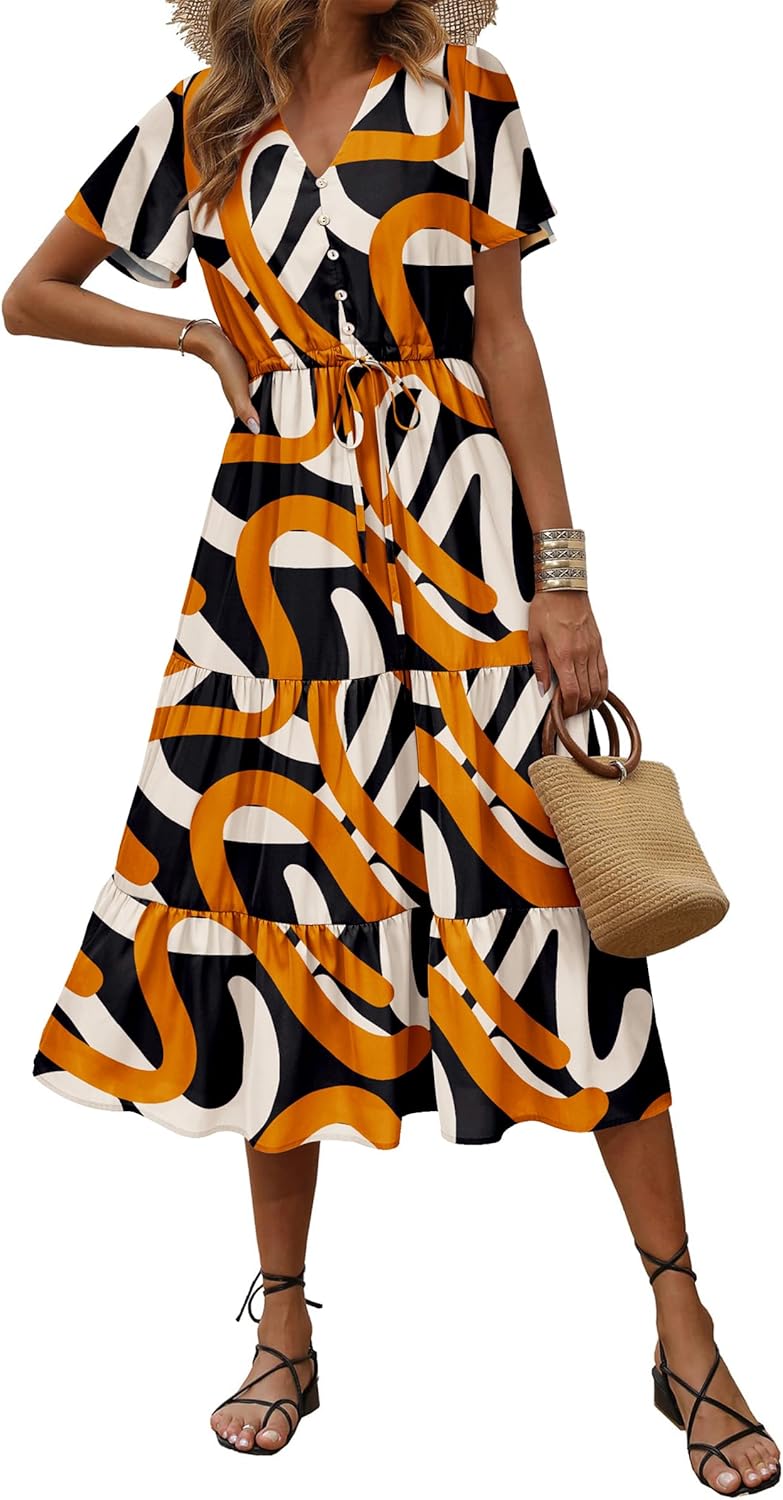 PRETTYGARDEN Summer Floral Dress for Women 2025 Casual Boho Short Sleeve Maxi Dresses V Neck Tiered Flowy Beach Sundress
