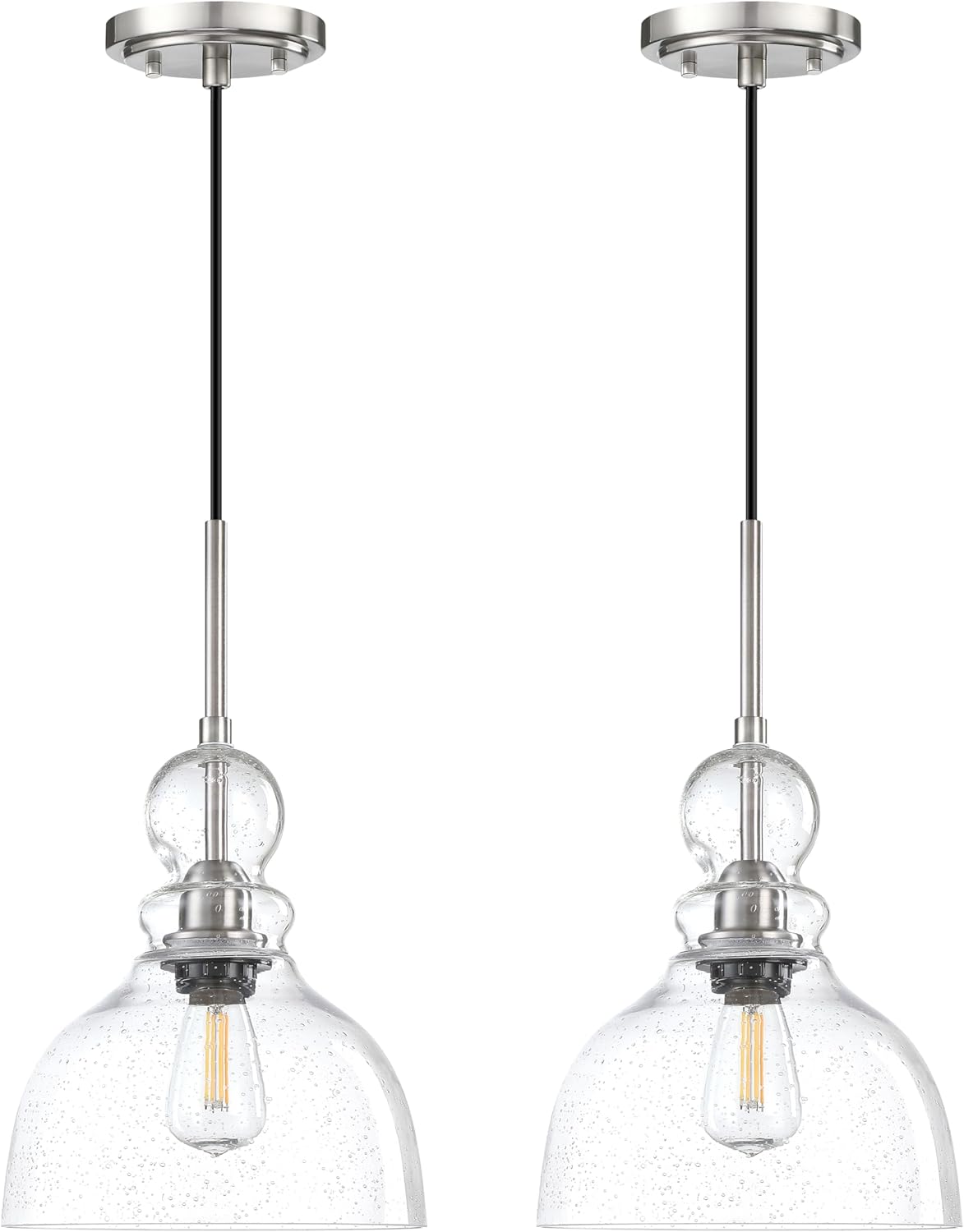 2 Pack 1 Light Hanging Indoor Kitchen Island Pendant Light 8" Clear Seeded Glass Pendant Ceiling Light Fixture,Brushed Nickel Finish Modern Farmhouse Dinning Over Sink