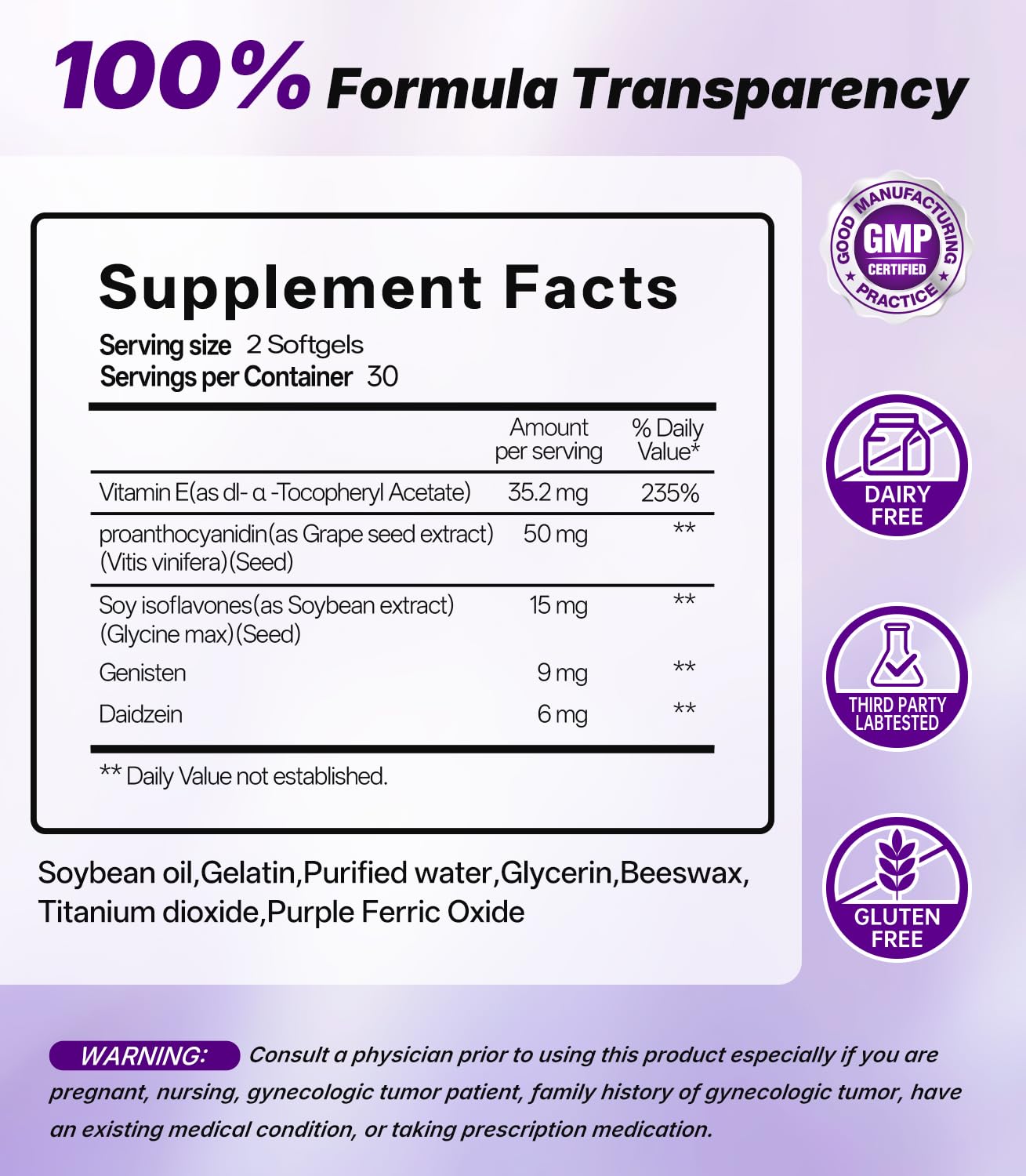 Grape Seed Extract with Soy Isoflavones, Vitamin E for Woman 40+, Antioxidant Supplement for Daily Wellness, Gluten Free & Dairy Free, 60 Softgels, Easy to Swallow — Amazon image 2