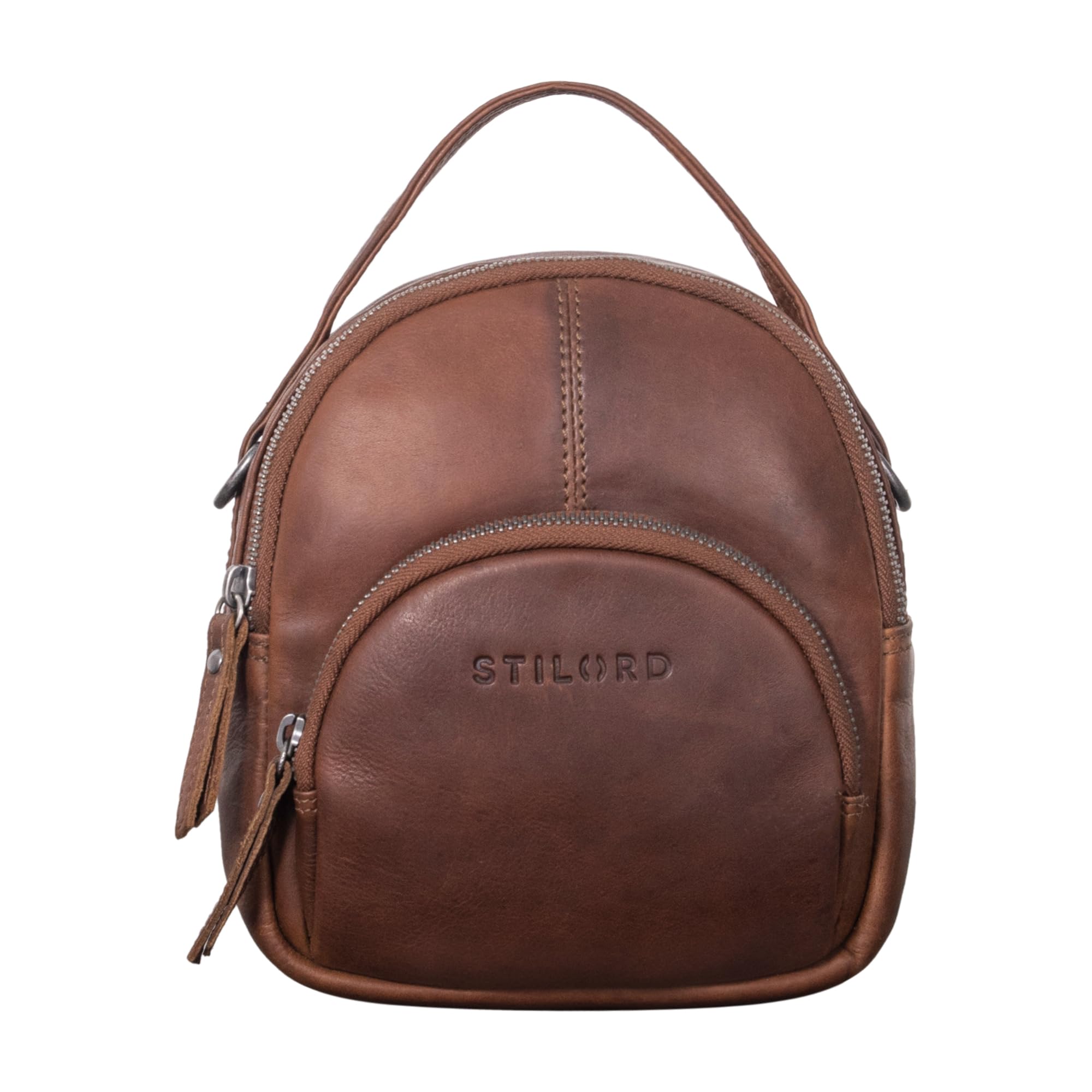 STILORD Polina Frauen Mini Daypack Leder XS City Backpack Tagesrucksack Klein Leder Stadtrucksack Kleine Handy Schultertasche Damen Casual Bag Farbe:sila - braun