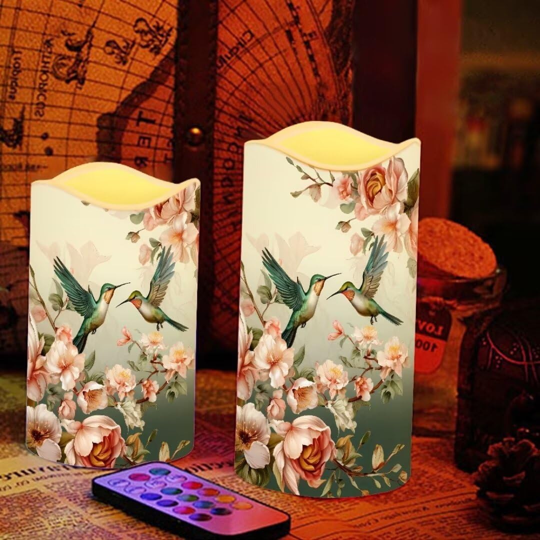 Jeiento Hummingbirds Led Battery Operated Flameless Candles Set of 4 Pink Flowers Flickering Pillar Candles (H 3" 4" 5" 6" x D 3") Waterproof Remote Control Candle with 4/8 Hour Timer,Light Home Decor