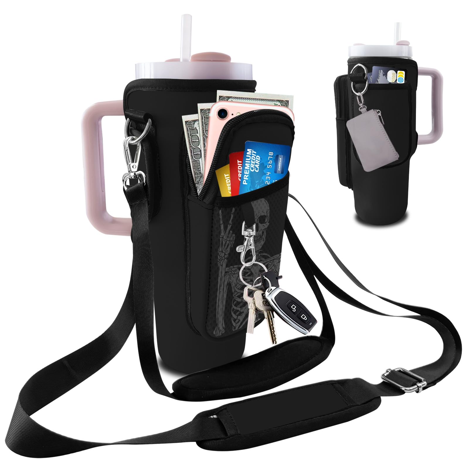 bolimoss Water Bottle Carrier Bag for Stanley Cup 40oz/30oz, Accessories Holder with Adjustable Strap & Phone Pocket for Stanley Cup Bag for Neoprene Walking Travel Hiking Gym-Black Skeleton โ image 1