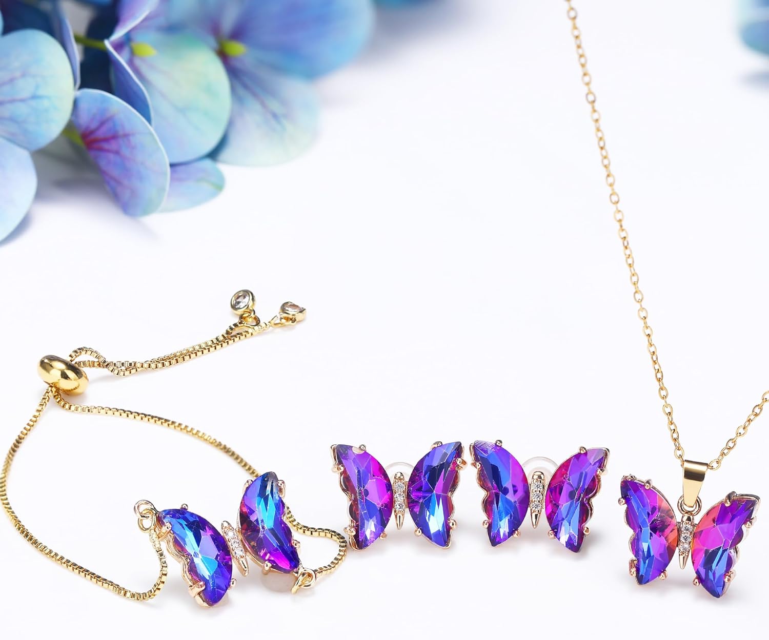 MISS RIGHT Butterfly Crystal Jewelry Set with Butterfly Necklace Stud Earrings Bolo Bracelet Adjustable Ring for Women Trendy, Iridescent Y2K Dainty Butterfly Jewelry Gifts - Image 4