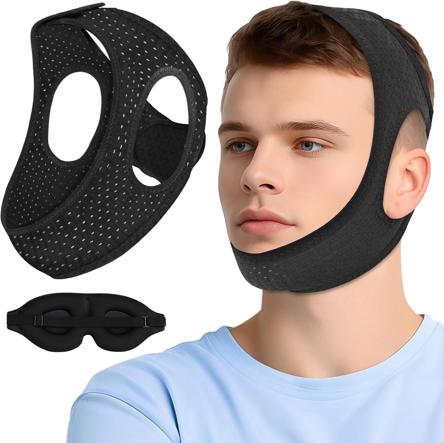 Chin Strap for Sleeping, Anti Snoring Devices Comfortable Effective Stop Snoring Solution, Snore Stopper Breathable, Anti Snore Chin Strap Adjustable Velcro, with Eye Mask, Black