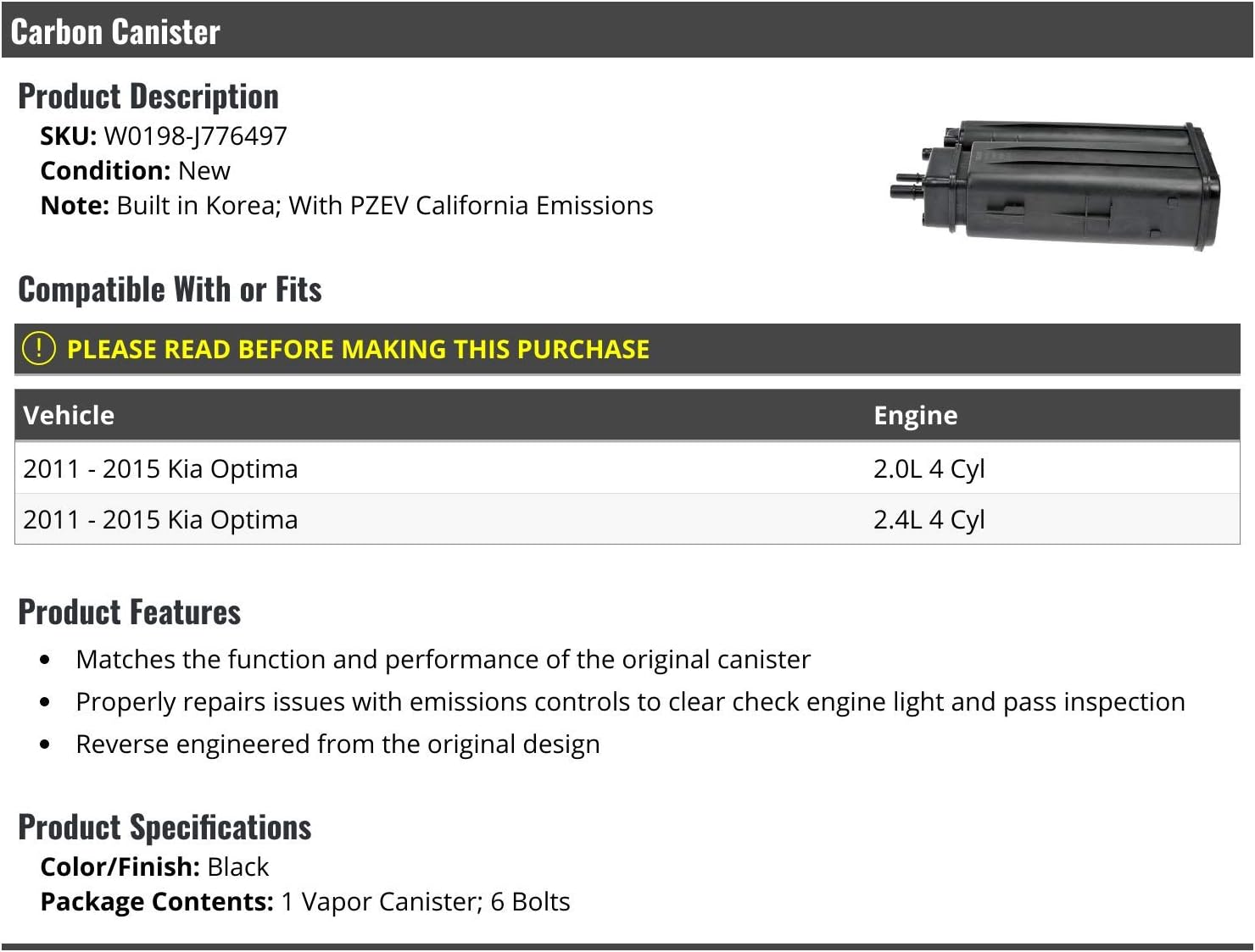 Carbon Canister - Compatible with 2011-2015 Kia Optima 4-Cylinder (Korea Built Vehicle) with PZEV California Emissions