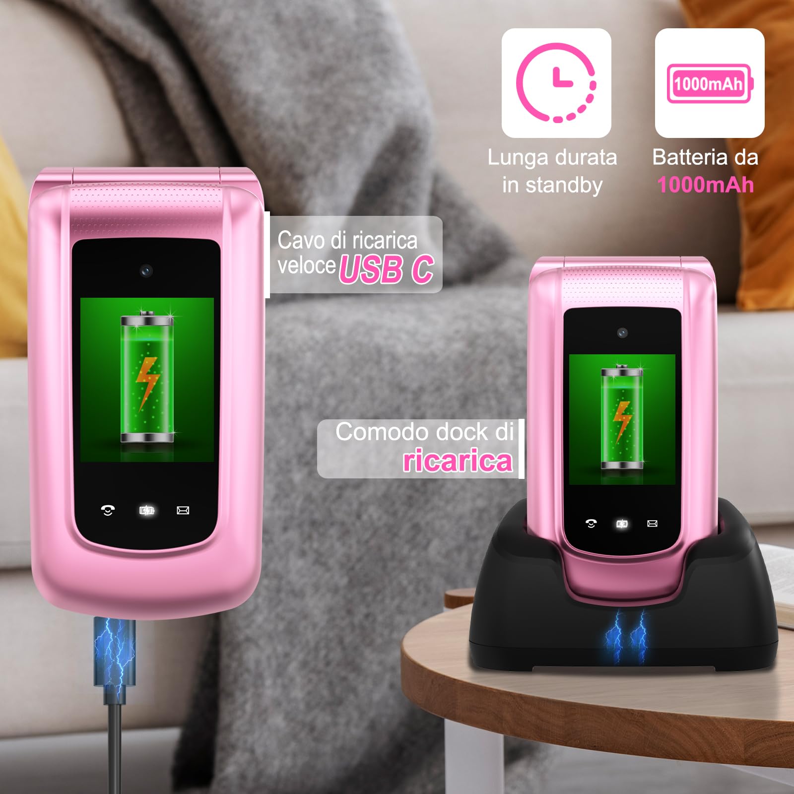 4G Telefono Cellulare per Anziani | Flip Telefoni Cellulari con Tasti Grandi | Doppia SIM | Annunci vocali | Volume alto | Funzione SOS | 2.4"+1.77" Doppio Pantalla | Selezione Rapida | Rosa