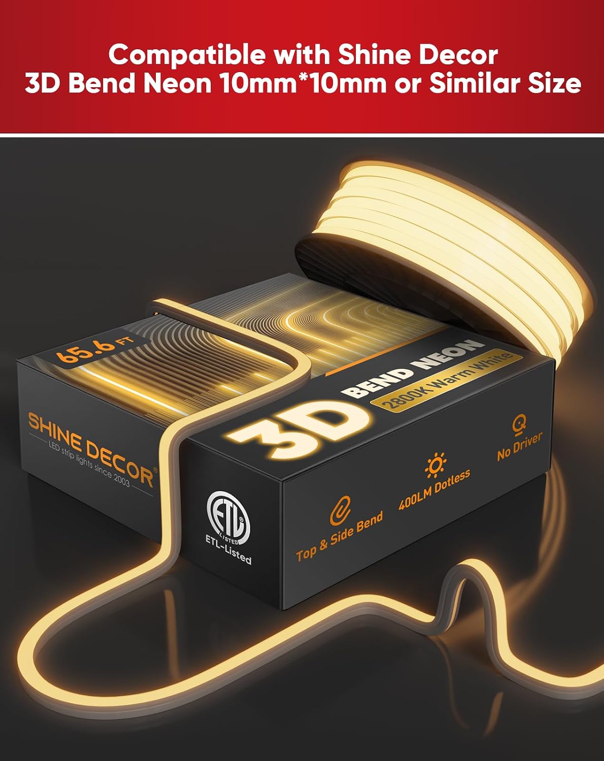 Shine Decor 16.4ft/5Meter 3D Bend Flexible Profile, Aluminum Channel for 10x10mm Dual Bend LED Neon Rope Light