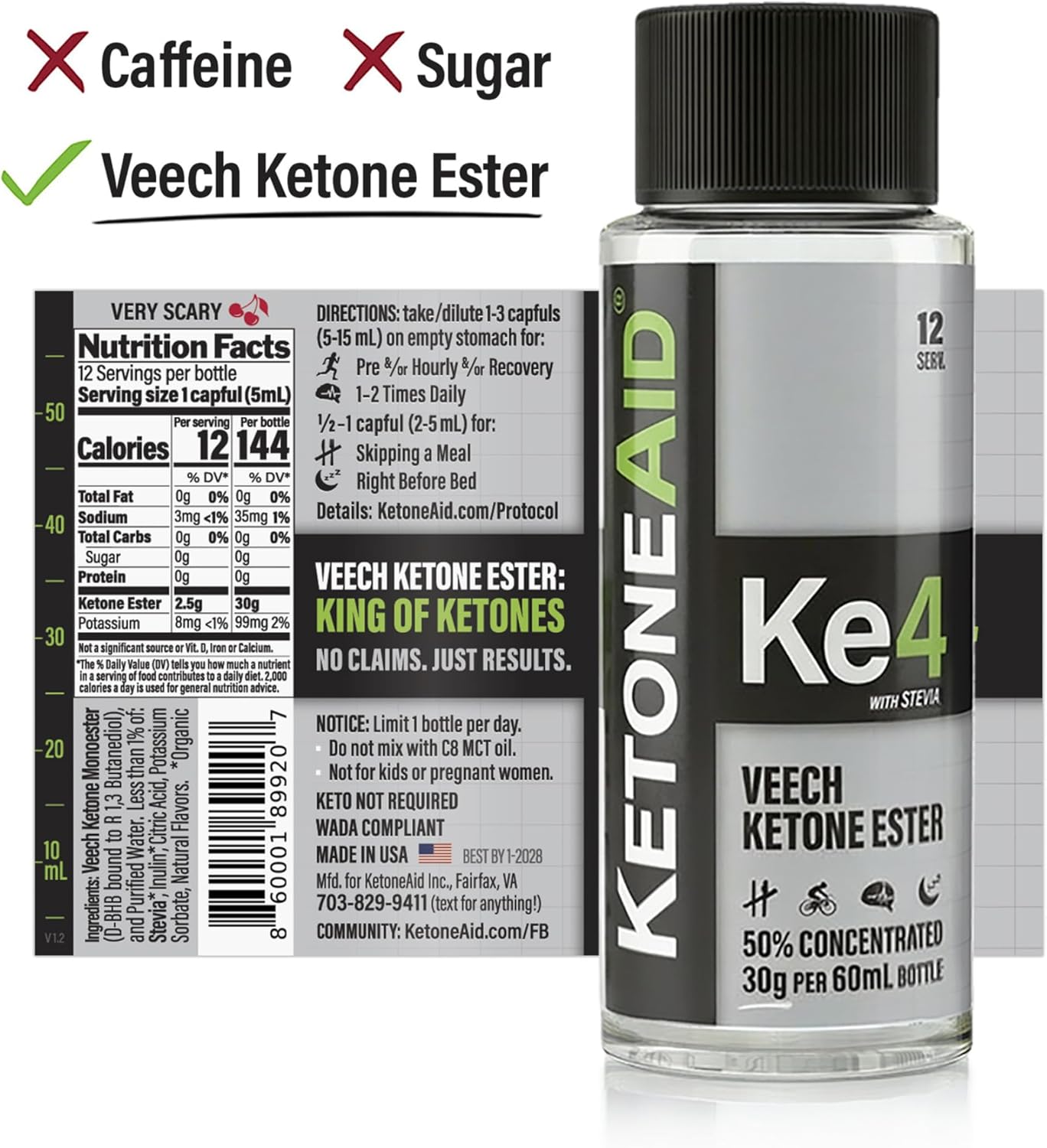 KetoneAid Ke4 Ketone Ester Concentrate | Not a Ketone Salt, No Sugar, No Caffeine | Exogenous D-BHB Ester | 12 Serving Per Bottle (1 Count)
