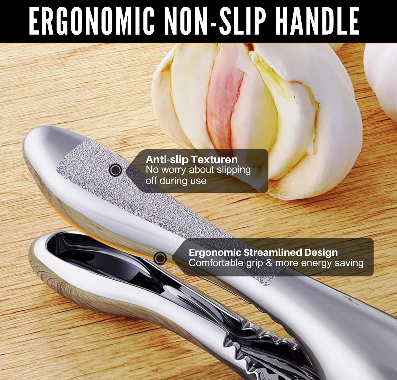 Garlic Press Stainless Steel 3-in-1 Set – Heavy Duty Garlic Crusher & Mincer, Easy Squeeze Ergonomic Handle, Rust-Proof Dishwasher Safe, Cleaning Brush & Silicone Peeler, Large Chamber