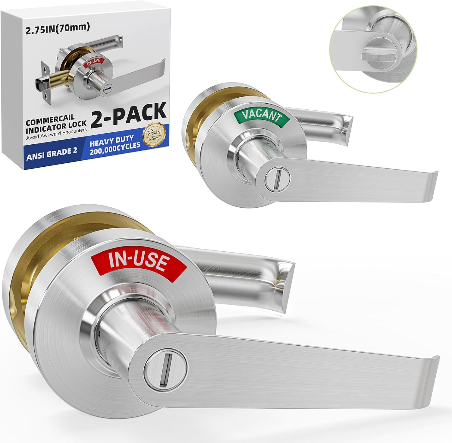2Kits Commercial Bathroom Door Handle, in-Use Vacant Indicator Privacy Door Lock, Occupied Door Handle|Deadbolts for Restroom,ANSI Grade 2 for Ofiice, Gyms, Bars