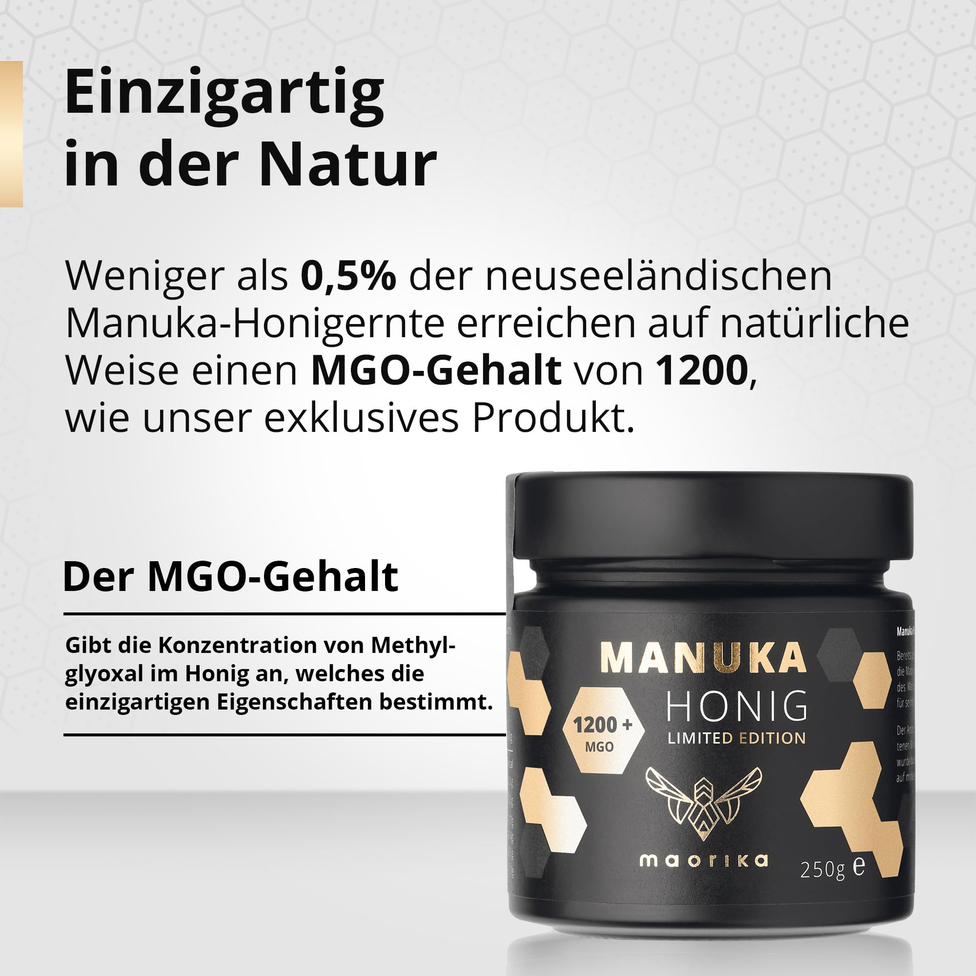 maorika - Manuka Honig 1200 MGO (Limited Edition) im Glas - lichtundurchlässig, kein Plastik - laborgeprüft mit zertifiziertem Methylglyoxal Gehalt aus Neuseeland 250g