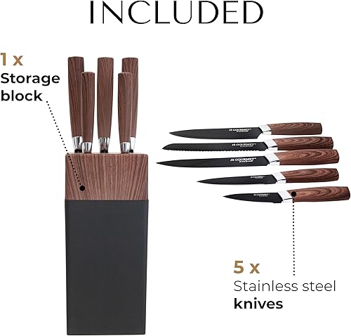 Miniatura 2 de Juego de 5 cuchillos con bloque de almacenamiento para cocina, cuchillas de acero inoxidable al carbono, cuchillos negros, asas ergonómicas de
