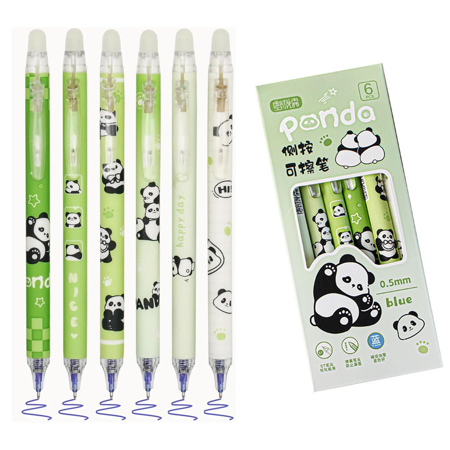 Ji liangli Giant Panda Pen Set (6-pack), erasable retractable ballpoint pens, 0.5 mm blue ink, cartoon giant panda erasable pens, erasable ballpoint pens suitable for school and office use (green)