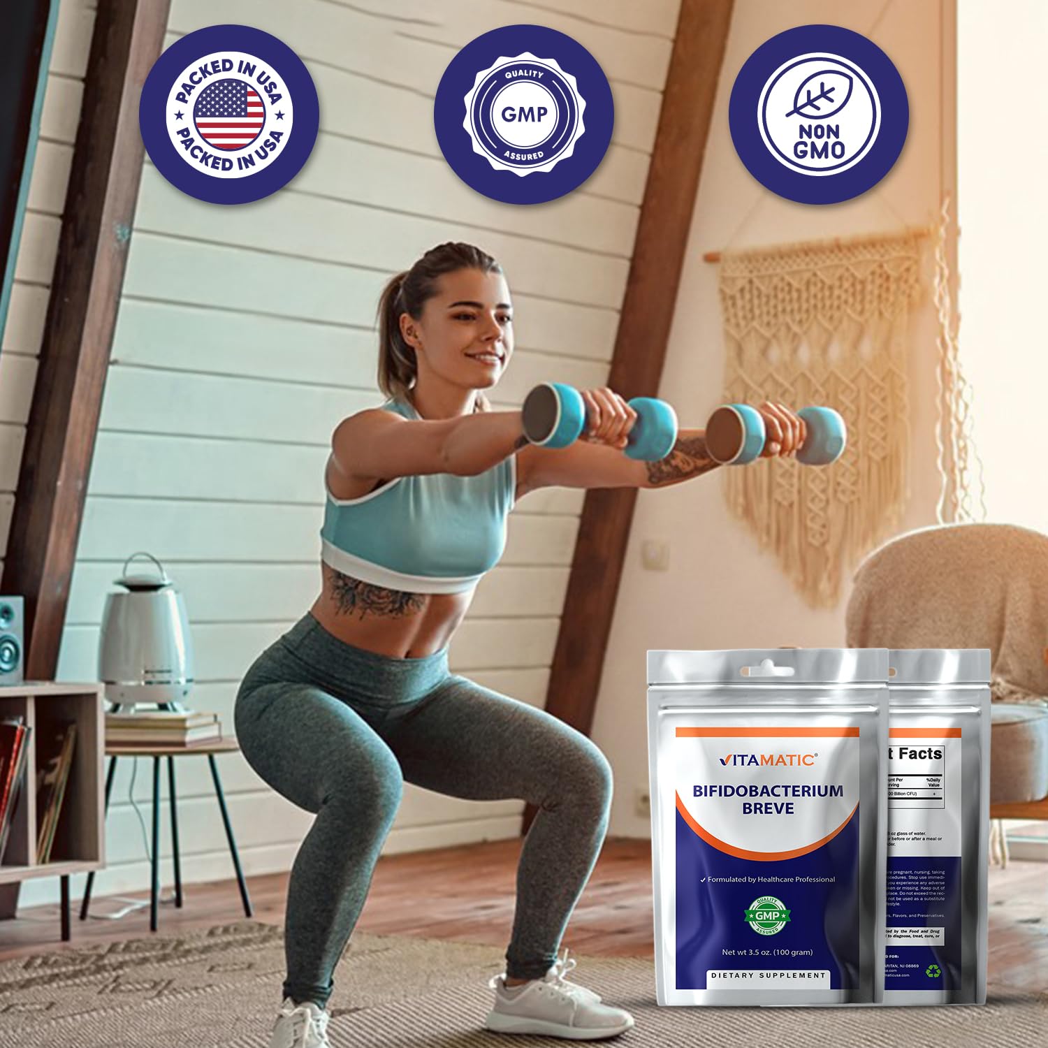 Vitamatic Bifidobacterium Breve Probiotic Powder - Digestive Health Support - 100 Gram (3.5 OZ) - 100 Servings