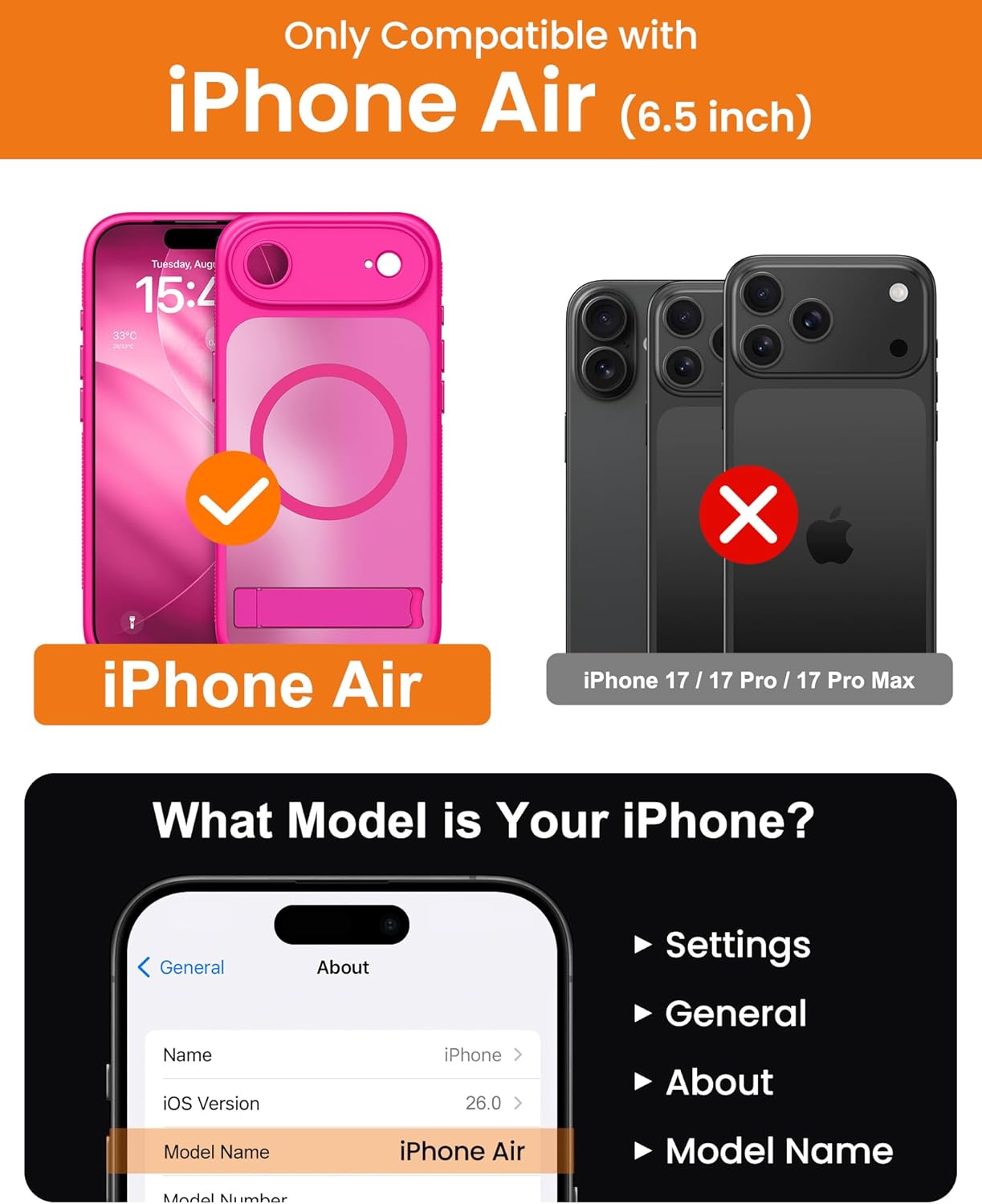 for iPhone Air Magnetic Stand Case with Gold Magnetic Wallet, Camera Control Button, Full Lens Protection, Compatible with MagSafe, Military Grade Case for iPhone Air, Hot Pink