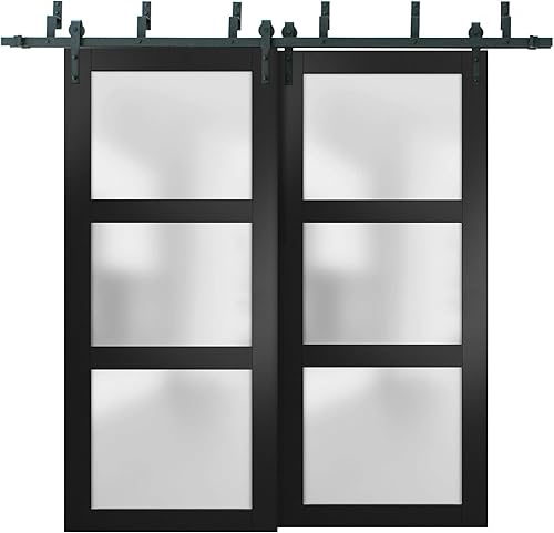Puertas corredizas de vidrio esmerilado para granero, 83.9 x 97.6in, Lucia 2552, color negro mate, resistente montaje superior de 9.2ft, juego de