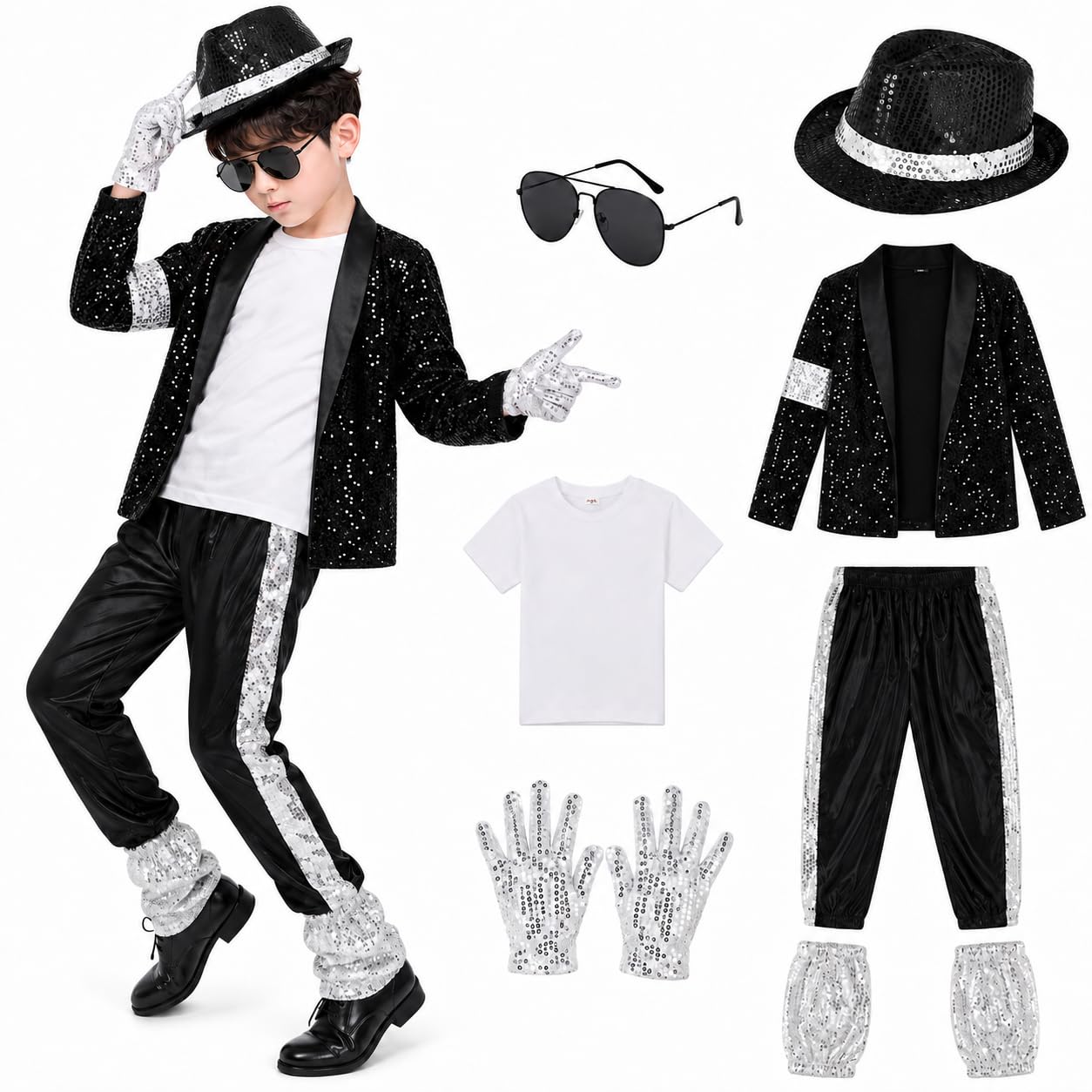 7-teiliges Pop Star Kostüm Set Kinder Jungen Retro Disco Outfit | 80 90er Pailletten Jacke, T-Shirt, Mütze, Sonnenbrille, Handschuhe, lange Hose, Beinlinge Für Halloween Karneval 4-12 Jahre