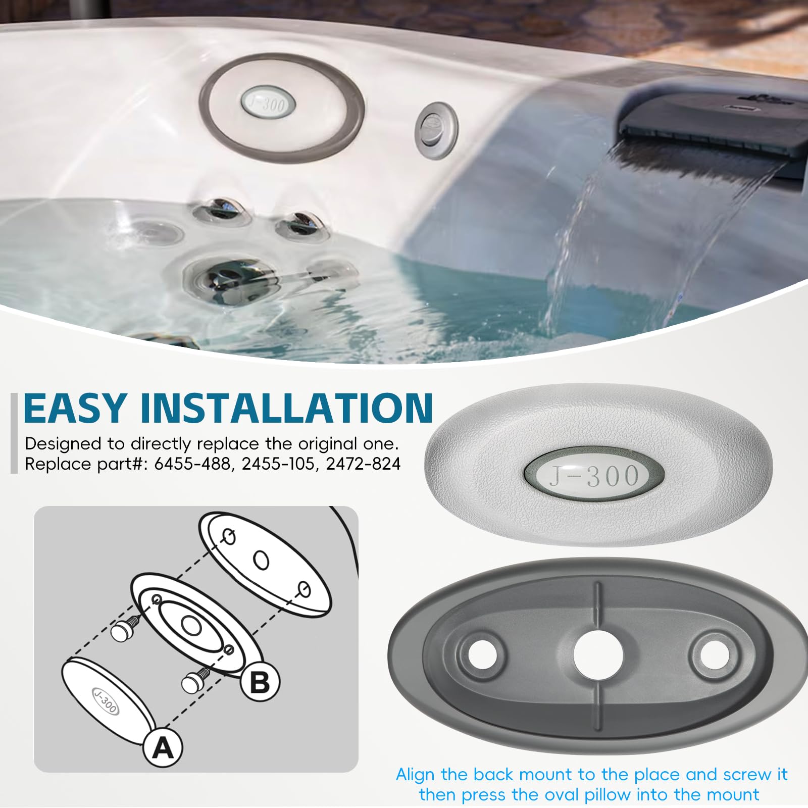 Confezione da 4 cuscini ovali e supporto posteriore per vasca idromassaggio Jacuzzi serie J-300 e spa, 2455-263 cuscini di ricambio per poggiatesta vasca idromassaggio 2455-263, supporto migliorato