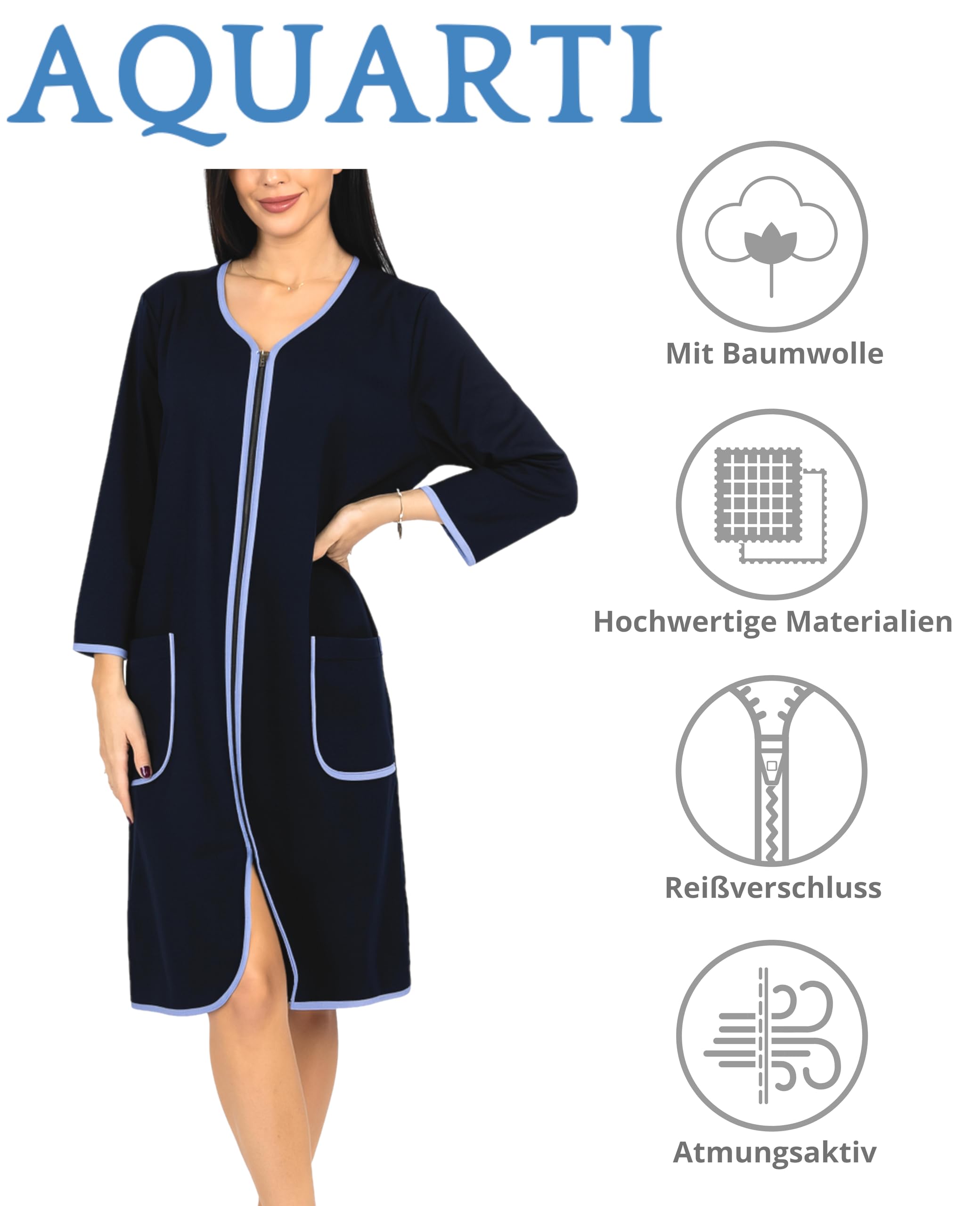 Aquarti Bata para Mujer Albornoz con Cremallera, Azul Oscuro, 5XL | Mangas 3/4