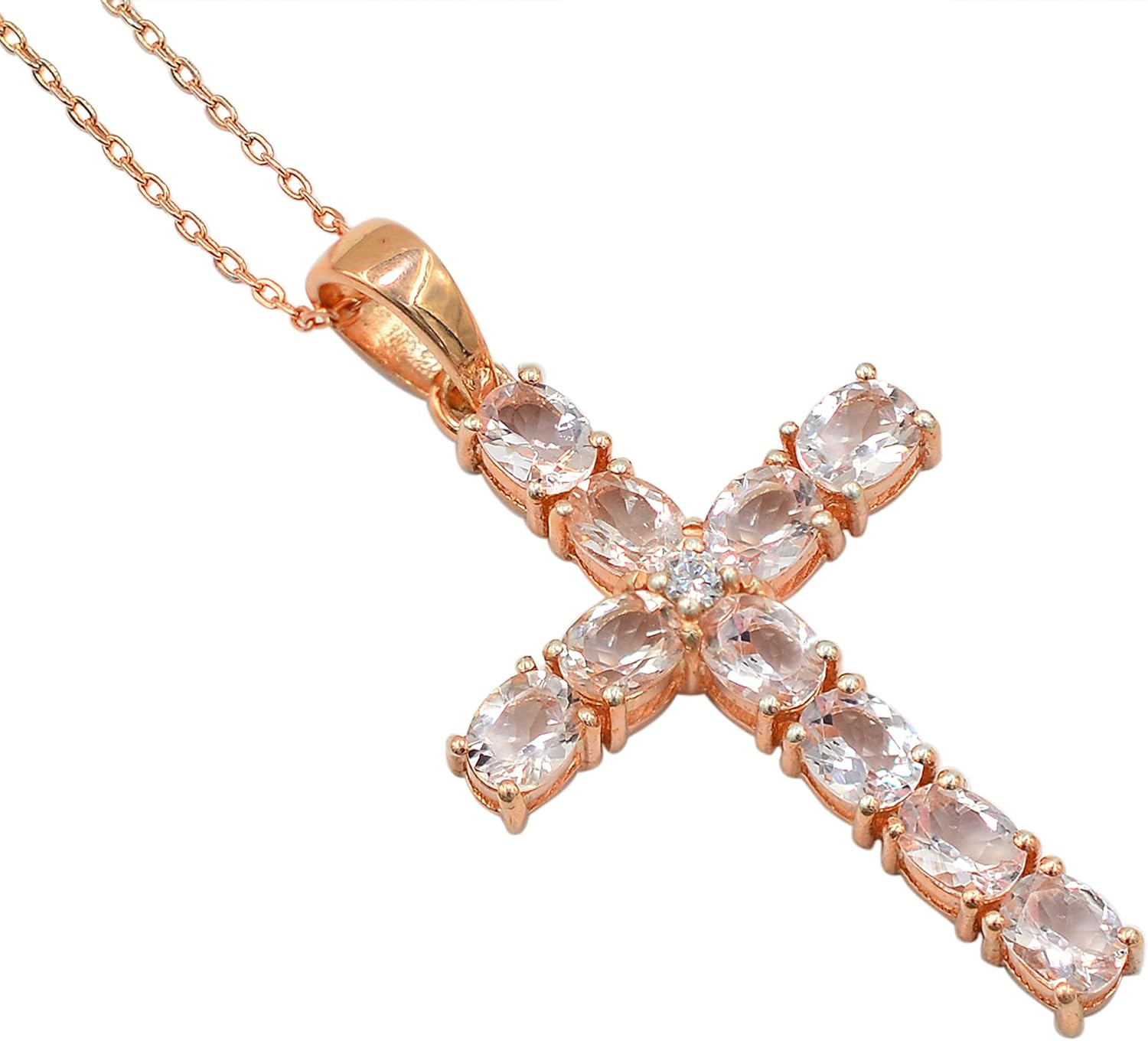 Natural Pink Morganite 5X4 MM Gemstone Holy Cross Pendant Necklace 925 Sterling Silver October Birthstone Morganite Jewelry Proposal Gift For Girlfriend(PD-8323)