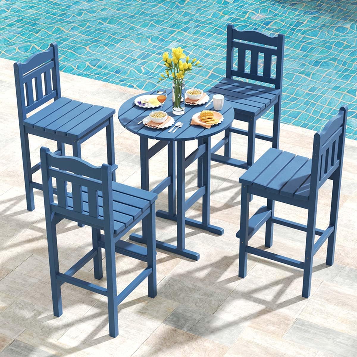 Sundale Outdoor 5-Piece Adirondack Bar Set, Patio Counter Height Stools Set of 4 and Round Pub Table, High Top HDPE Table and Armless Barstools Set, Tall Bistro Dining Furniture for 4, Black