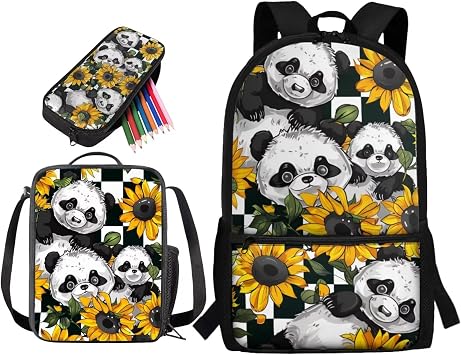 Sunflower Panda Printed School Backpacks for Boys Girls, Kids Backpack Set with Lunch Bag Pencil Case 3 in 1 Lightweight School Bag Students Bookbag Set for Elementary Middle School