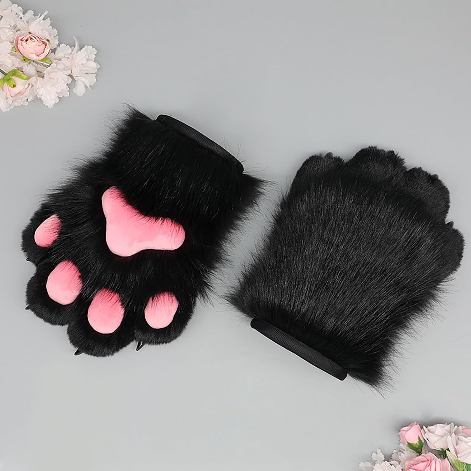 Plush Furry Cat Claw Gloves Halloween Glove Animal Claw Soft Fursuit Fluffy Claw Glove Furry Paws Cosplay Mitt Tiger Gloves for Kid Adult Halloween Decoration (C)