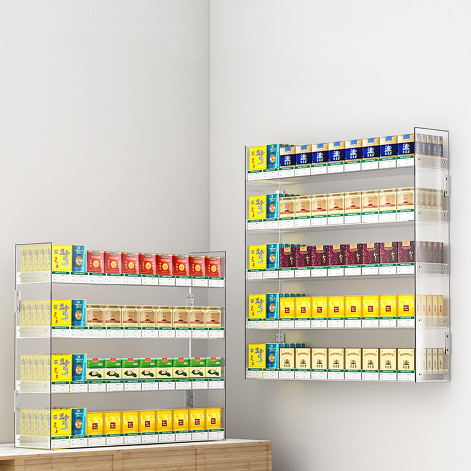 IEOWY Wall-Mounted Acrylic Cigarette Display Rack, 4-Tier Clear Storage Showcase for Retail, 13cm Shelves, Resistent Cigarette Organizer for Store Displays