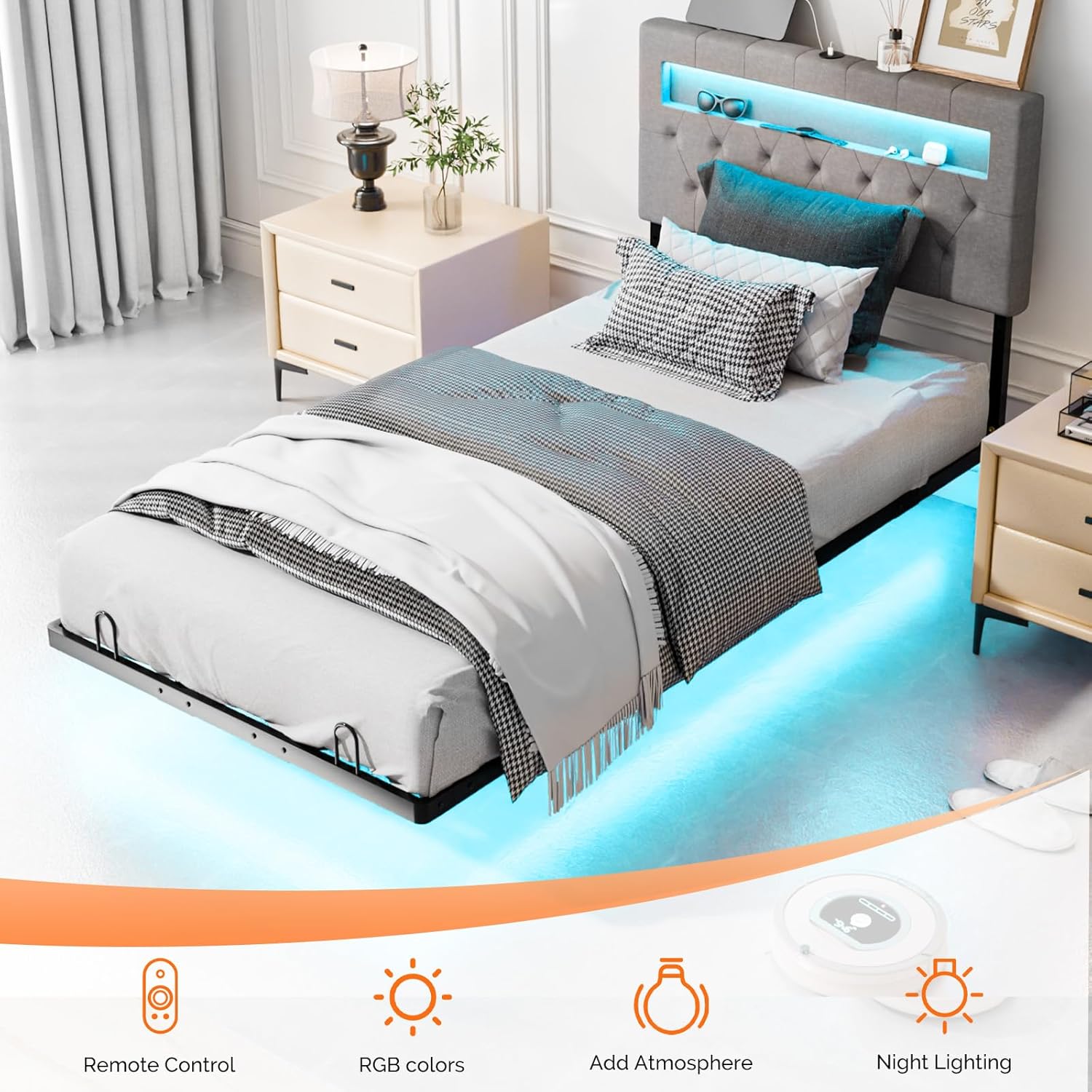 Image showing the bed frame with LED lights illuminated underneath, along with icons for remote control, RGB colors, atmosphere, and night lighting.