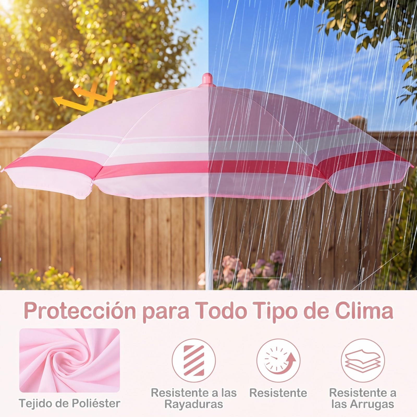 COSTWAY Set de Mesa Picnic Infantil de 4 Piezas, Mesa Infantil de Exterior con 2 Sillas Plegables y Sombrilla de Altura Ajustable, Mesita Redonda y Sillones para Niños 3-6 Años (Rosa)