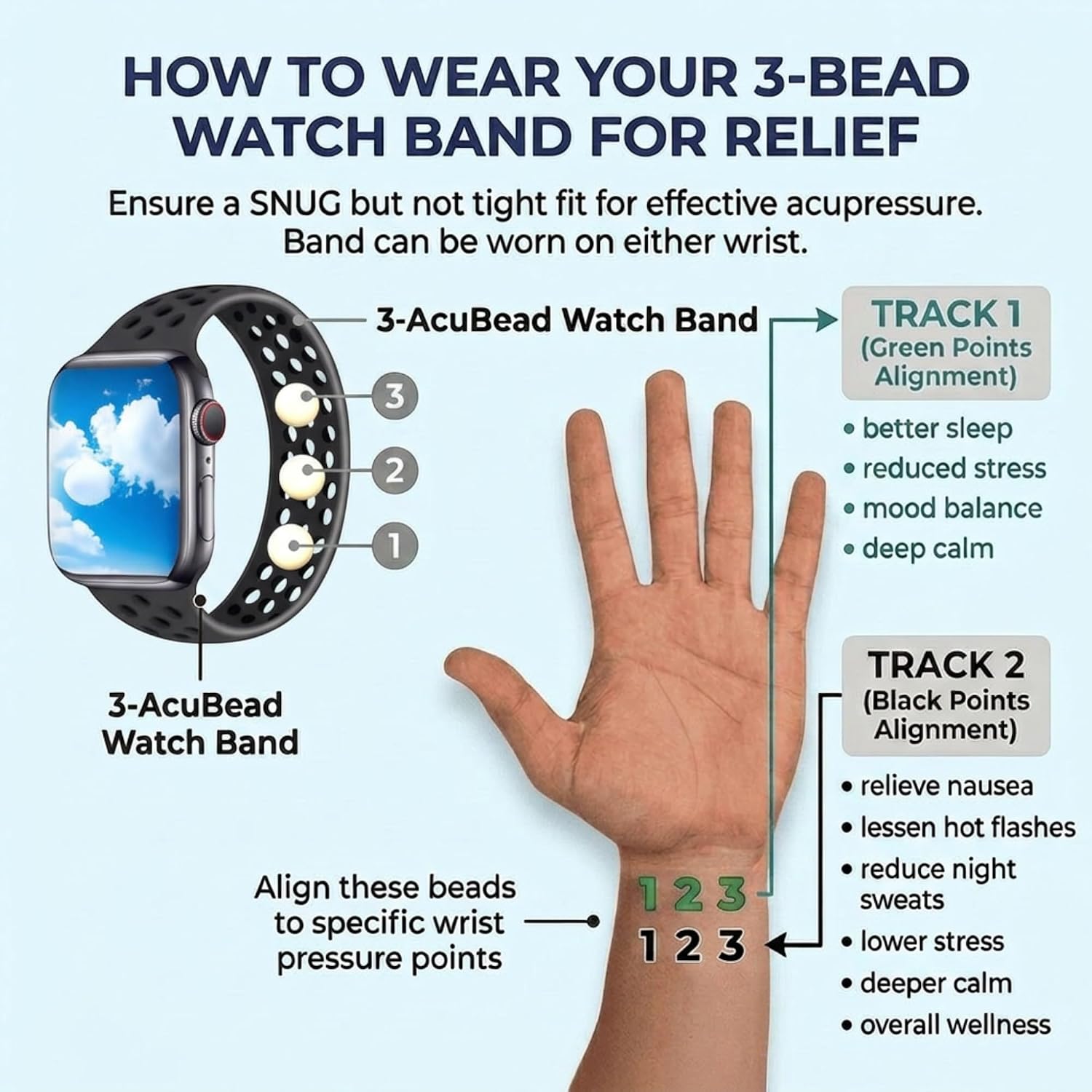 Acupressure Watch Band for Stress, Focus, Motion Sickness & Sleep – Natural Calming Support – Waterproof Silicone Solo Loop – Compatible with Apple Watch (Black/Grey S 38/41)