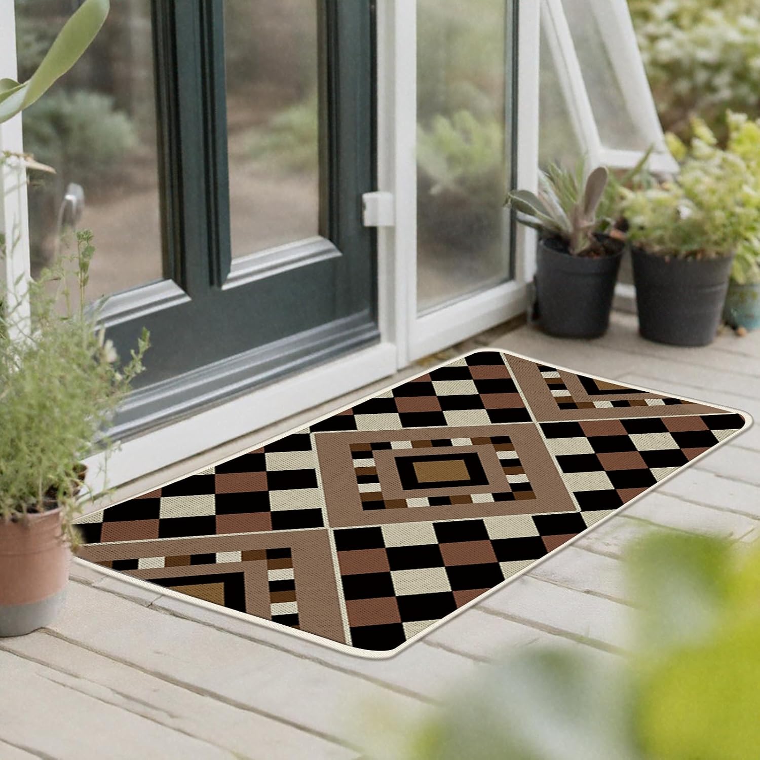 Geometric Argyle Kitchen Rugs Set of 2, Vintage Diamond Ethnic Neutral Modern Art Floor Mats Home Decor, Retro Minimalist Contemporary Door Mat Decorations - 17x29 and 17x47 Inches