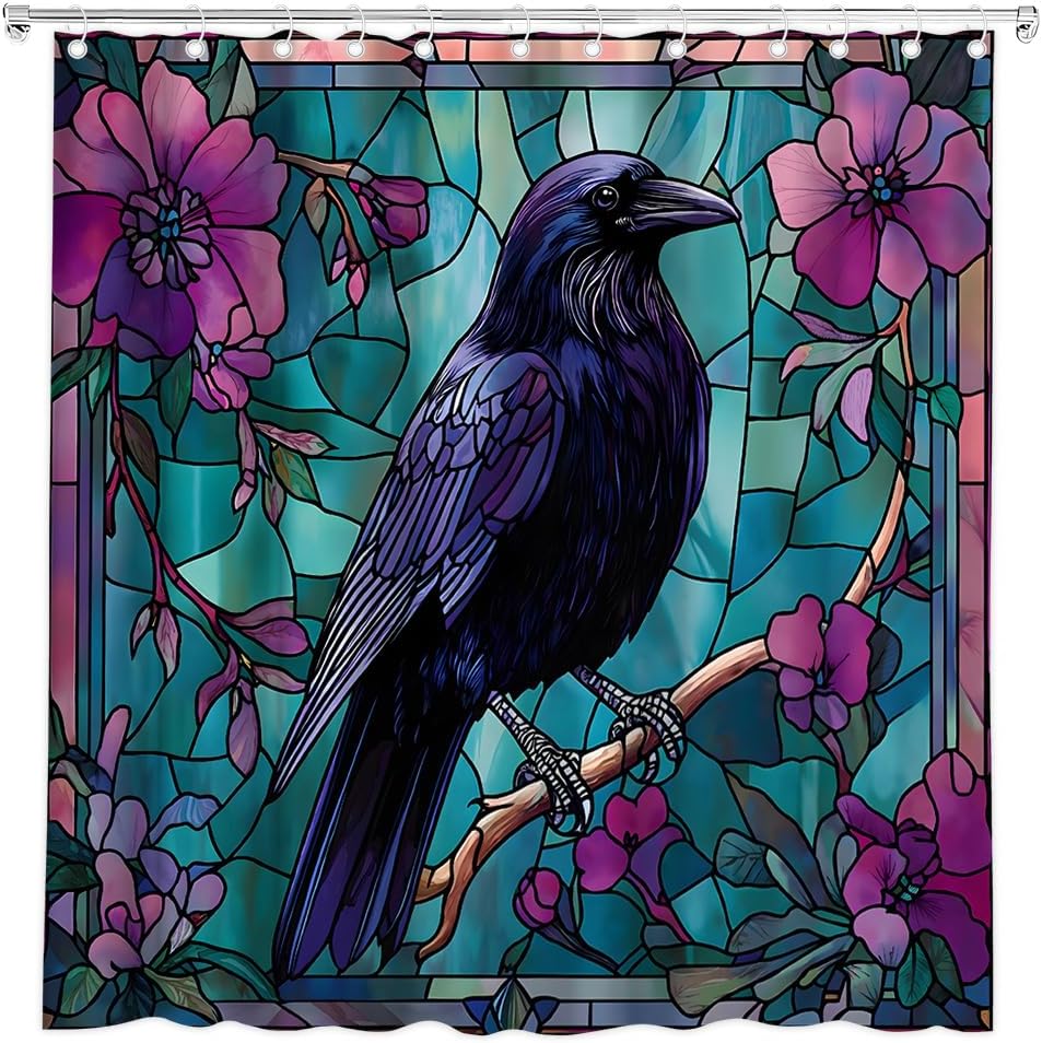 Stained Glass Raven Shower Curtain Scary Crow on Branch Tree Purple Floral Leaves Spooky Wild Bird Abstract Halloween Bath Curtain Fabric Bathroom Accessories Decor with Hooks 70W x90L